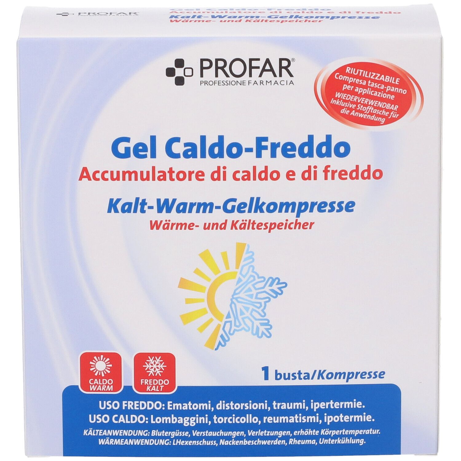 Scatola con testo: Gel Caldo-Freddo, Kalt-Warm-Gelkompresse. Logo Profar. Immagine sole/fiocco. 1 Busta/Kompresse. Indicazioni.