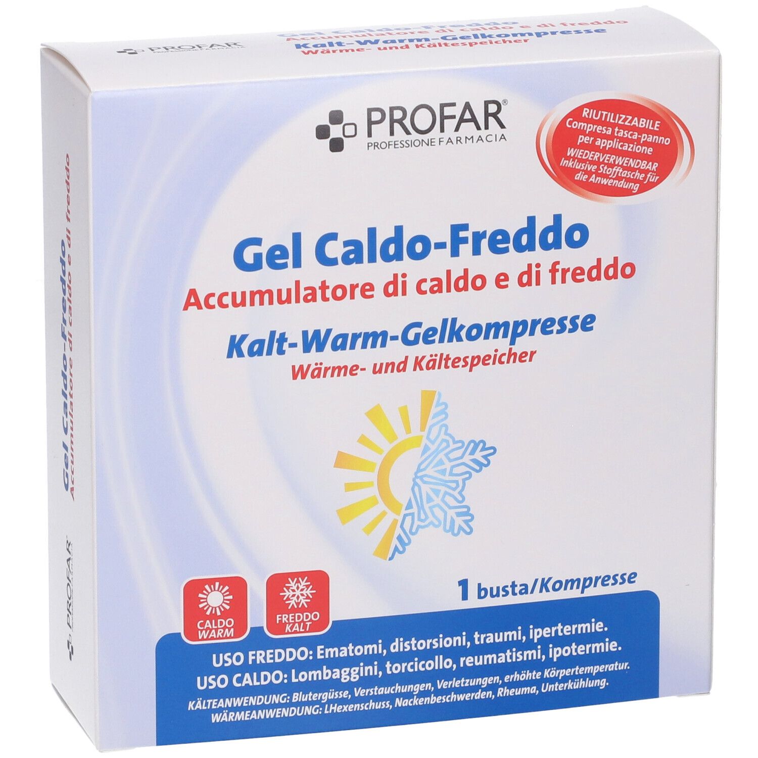 Scatola con testo: Gel Caldo-Freddo, Kalt-Warm-Gelkompresse. Logo Profar. Immagine sole/fiocco. 1 Busta/Kompresse. Indicazioni.