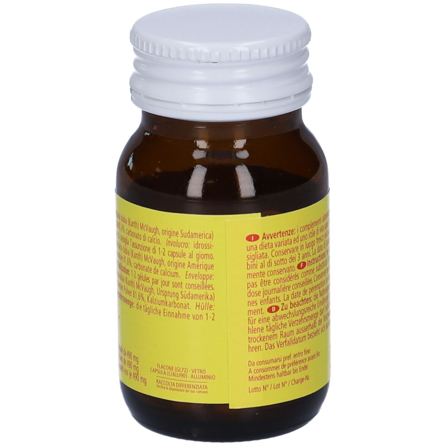 Retro del flacone di vetro marrone con tappo bianco. Etichetta gialla con testo e avvertenze. Ingredienti e data di scadenza.