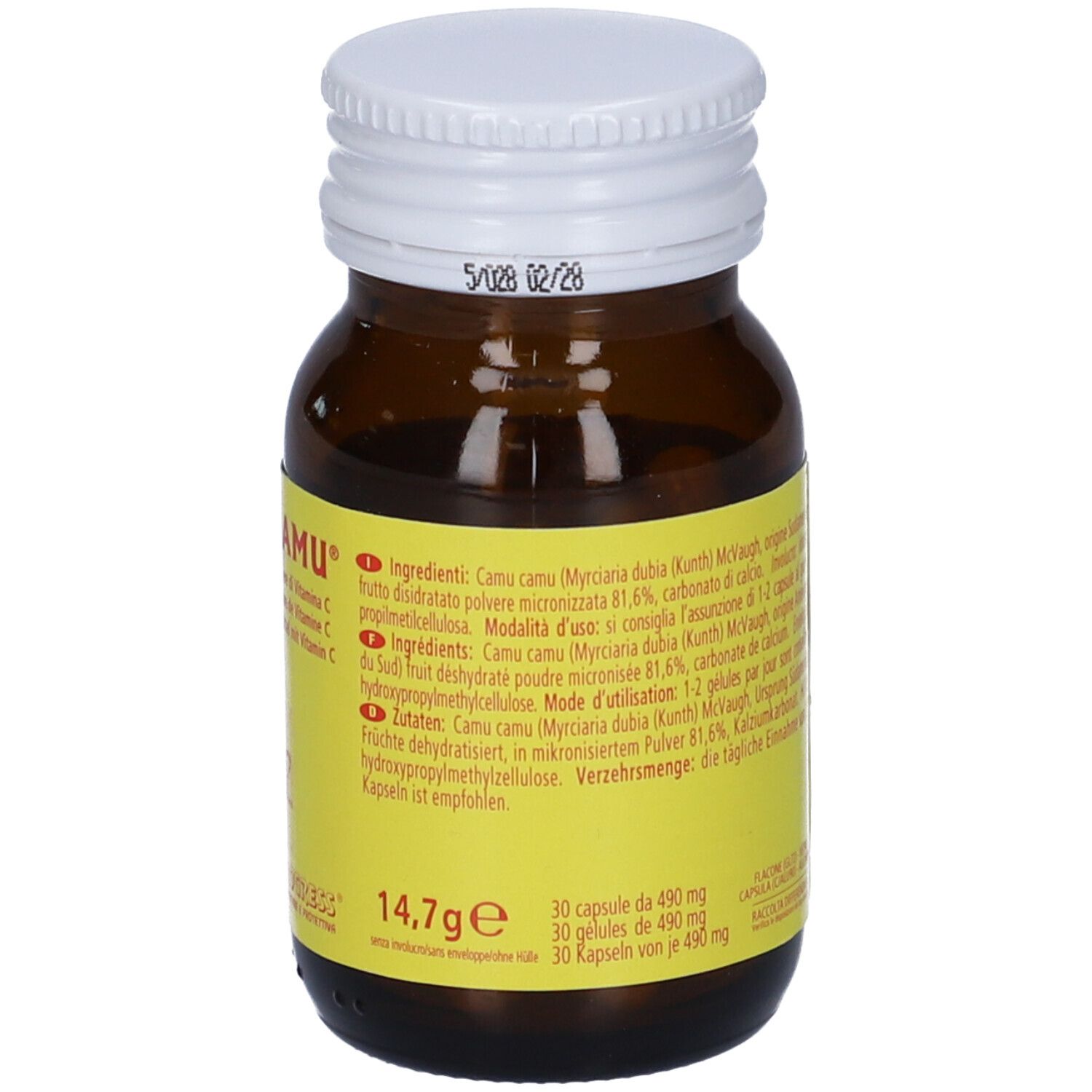 Flacone di vetro marrone con tappo bianco. Etichetta gialla con testo: AMO CAMU, integratore alimentare con vitamina C. 14,7g. Scadenza.