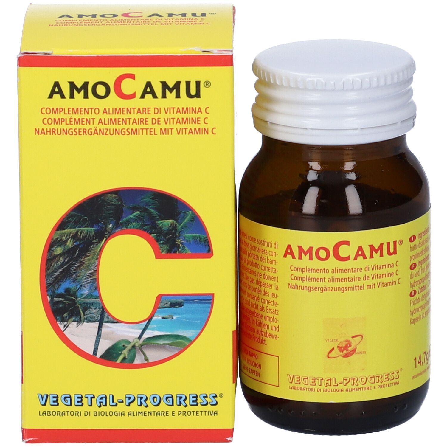 Flacone di vetro marrone e scatola gialla. Sulla scatola: AMO CAMU, integratore alimentare con vitamina C. Immagine di palme.