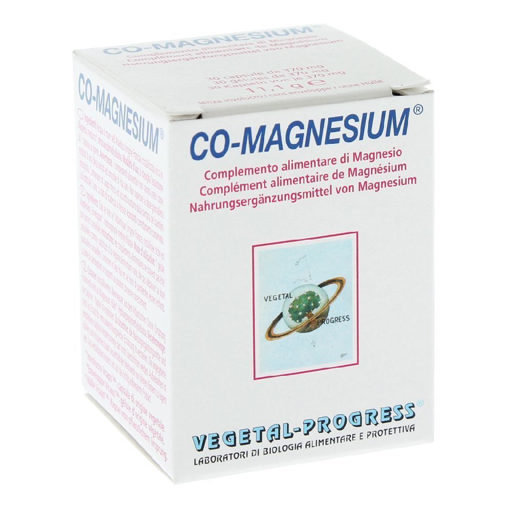 Scatola bianca CO-MAGNESIUM. Informazioni multilingue sul prodotto. Logo VEGETAL-PROGRESS.