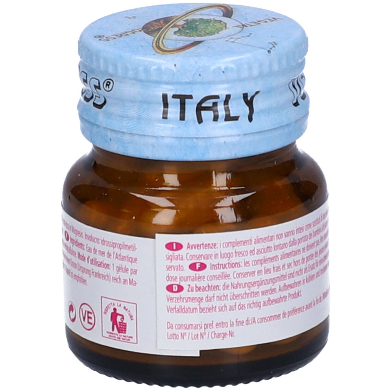 Flacone di vetro marrone, tappo blu. Scritta ITALY. Informazioni sul prodotto. Logo VEGETAL-PROGRESS.