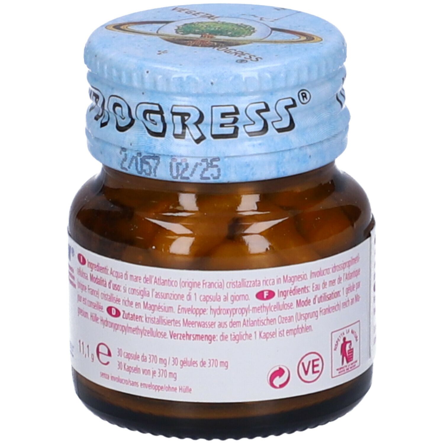Flacone di vetro marrone, tappo blu. Scritta VEGETAL-PROGRESS. Informazioni sul prodotto. 30 capsule.