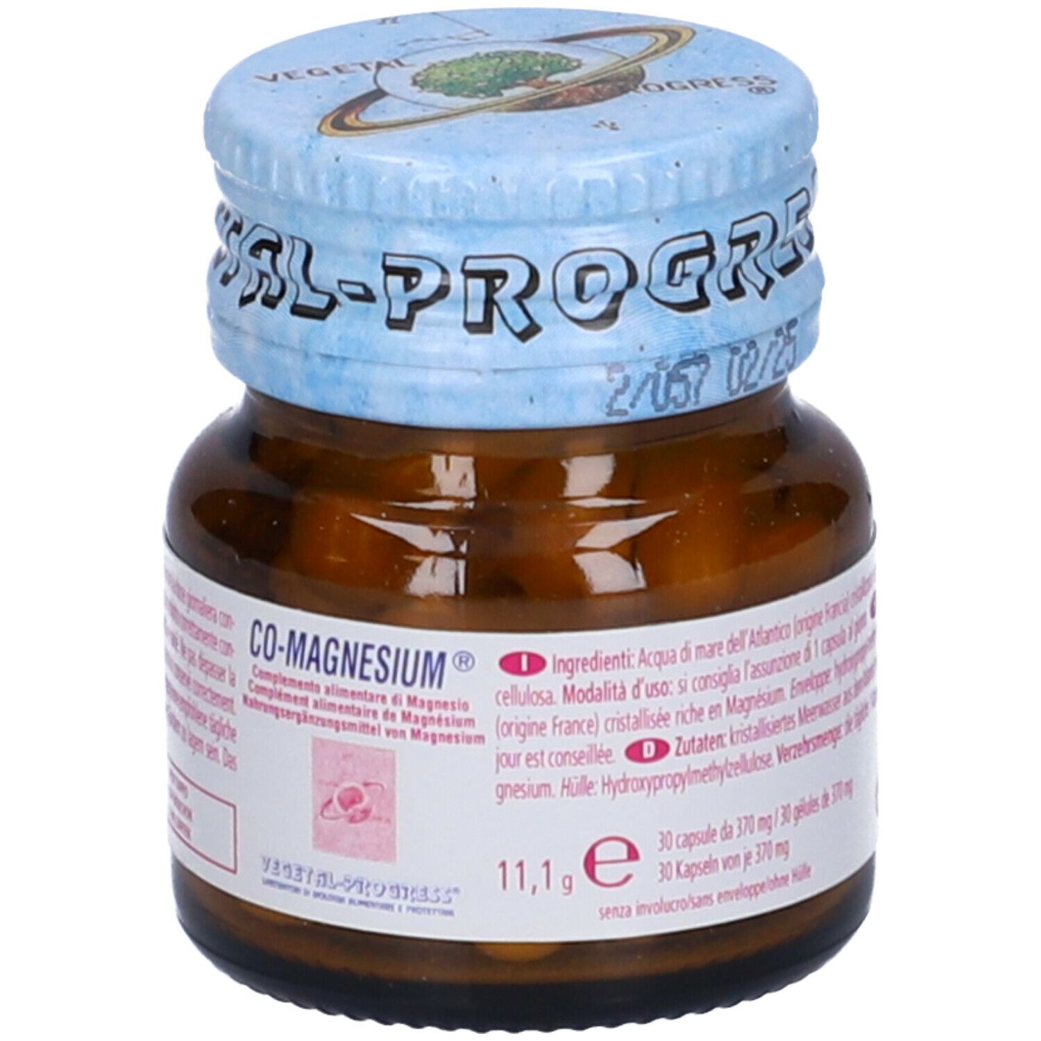 Flacone di vetro marrone, tappo blu. Scritta CO-MAGNESIUM. Informazioni sul prodotto. 30 capsule.