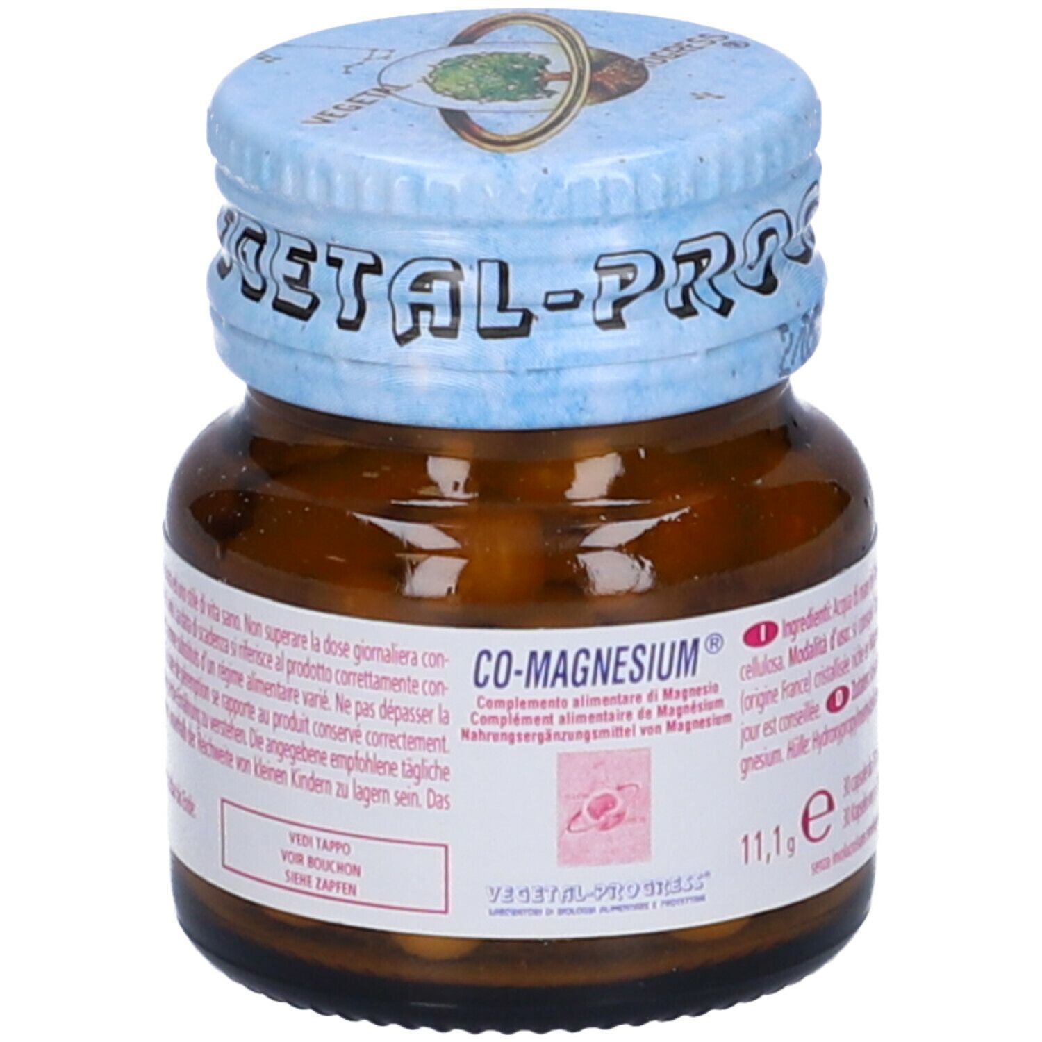 Flacone di vetro marrone, tappo blu. Scritta CO-MAGNESIUM. Informazioni sul prodotto. 30 capsule.