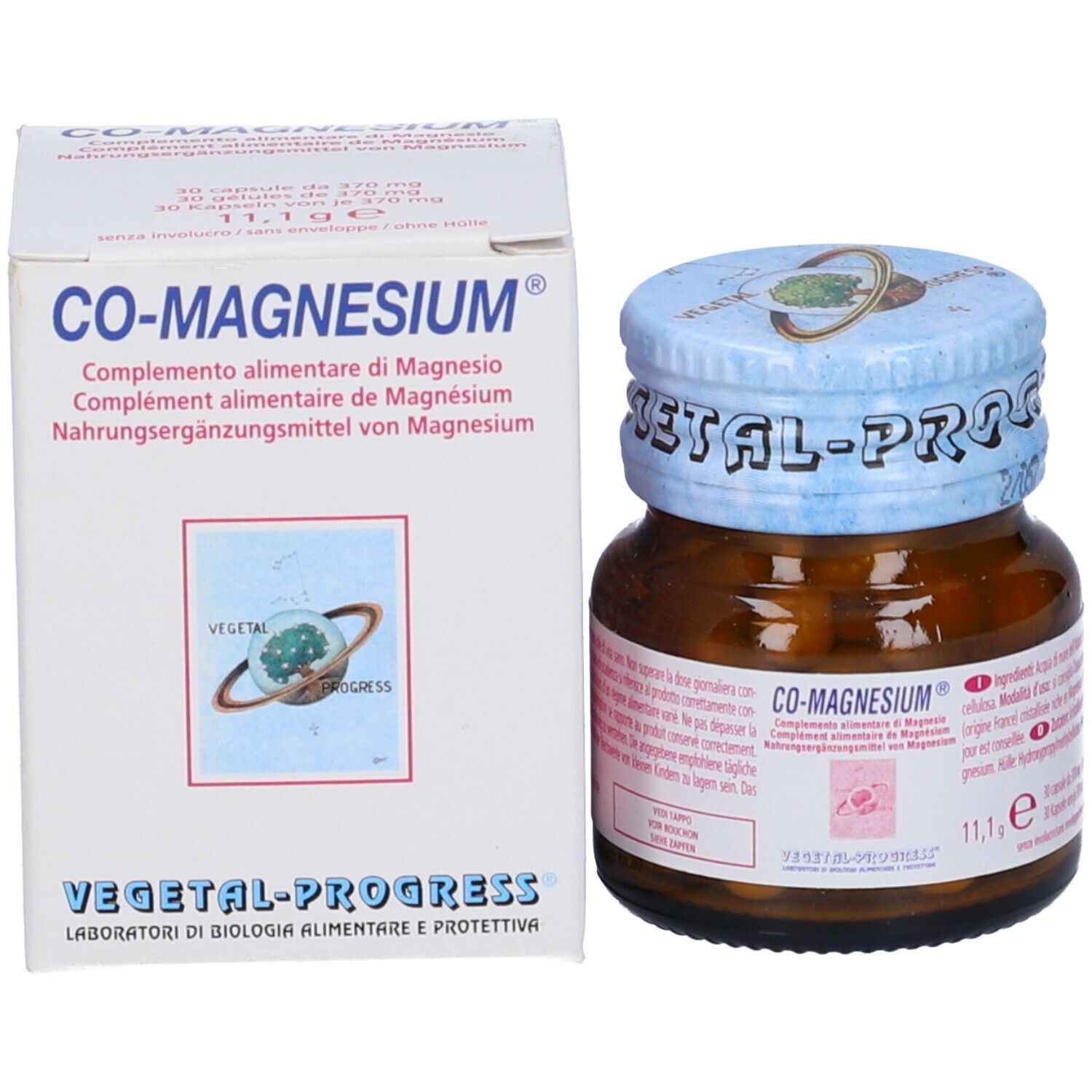 Confezione del prodotto: scatola e flacone. Scatola con scritta CO-MAGNESIUM. Flacone con tappo blu.