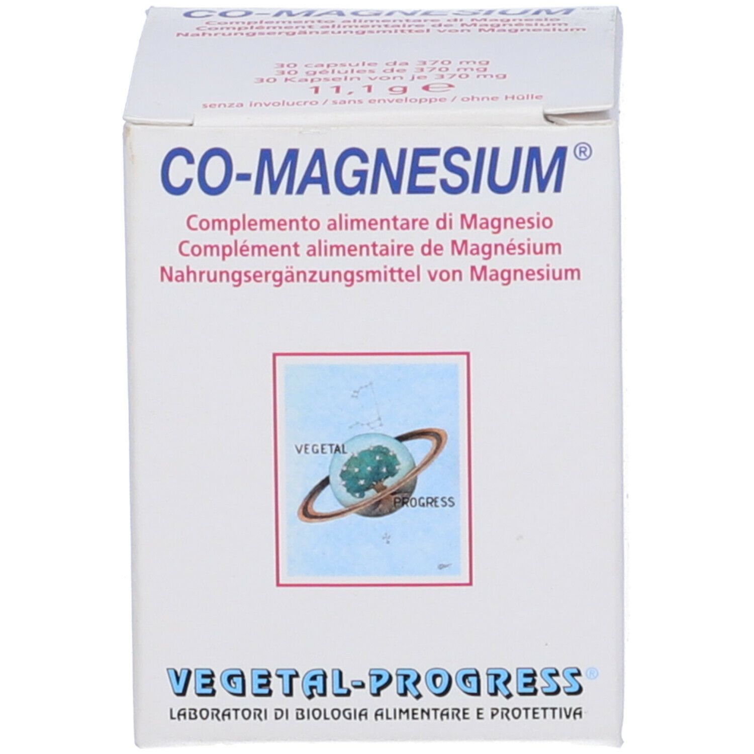 Scatola bianca CO-MAGNESIUM. Informazioni multilingue sul prodotto. Logo VEGETAL-PROGRESS.