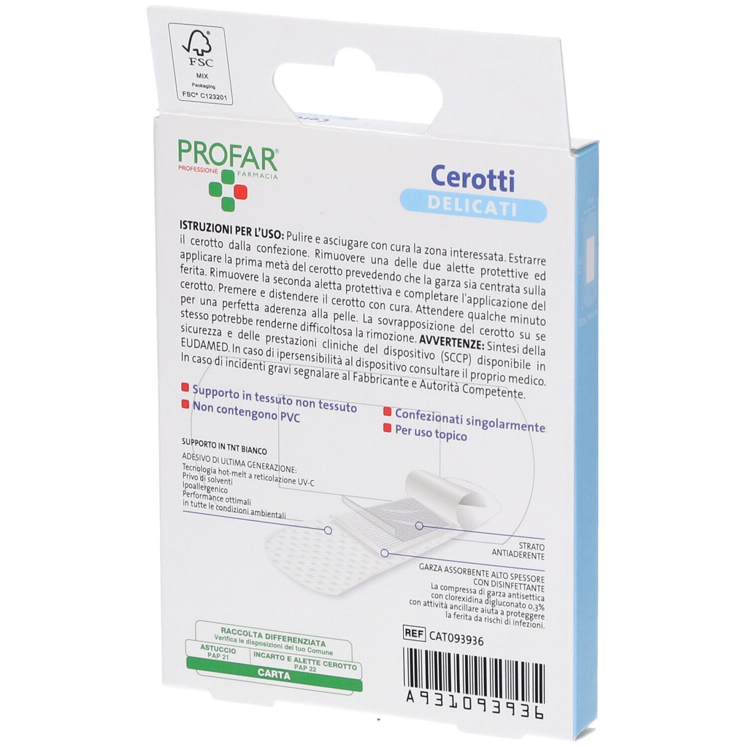 Retro della confezione di Profar Cerotti Delicati con istruzioni per l'uso.