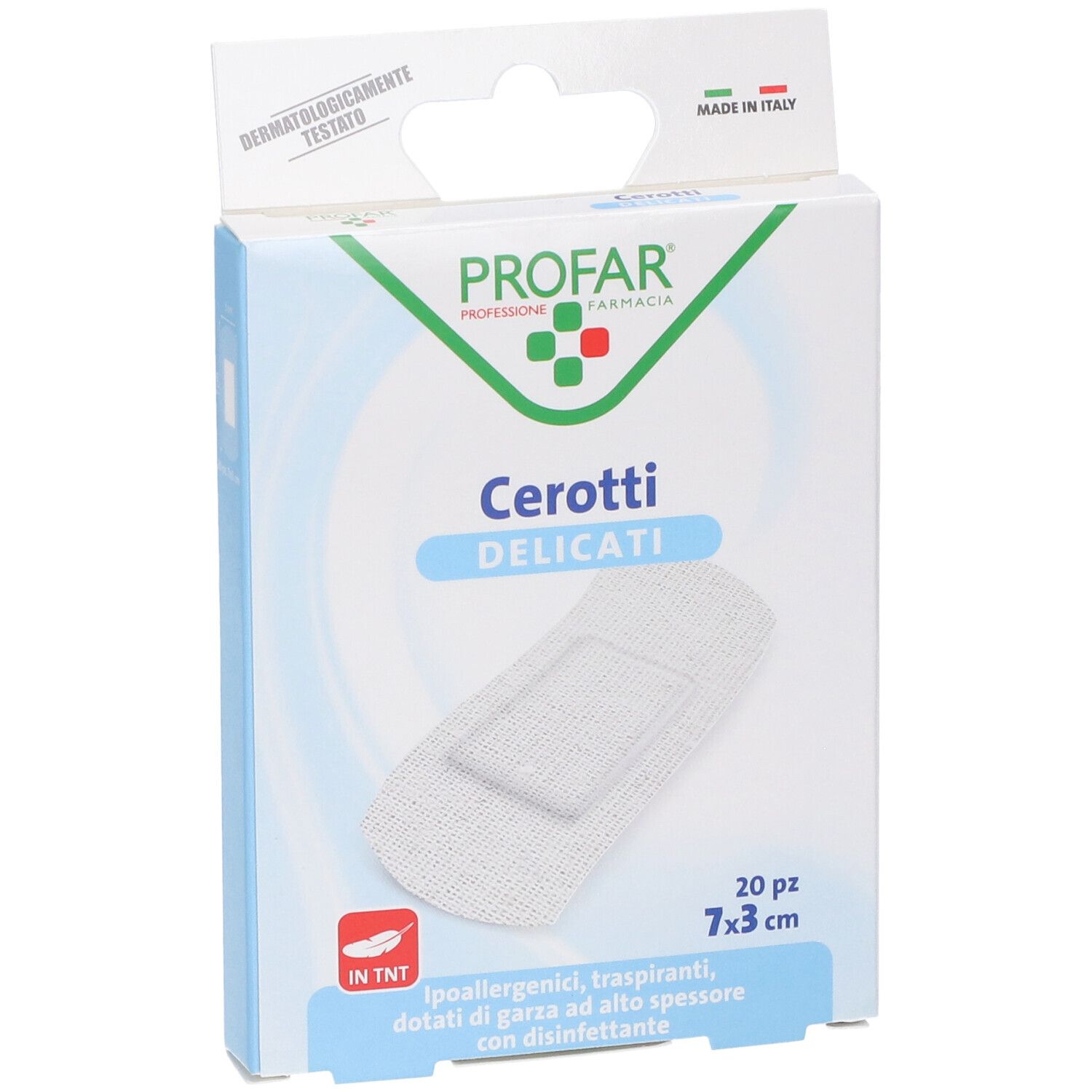 Fronte della confezione di Profar Cerotti Delicati, 20 pezzi, 7x3 cm.