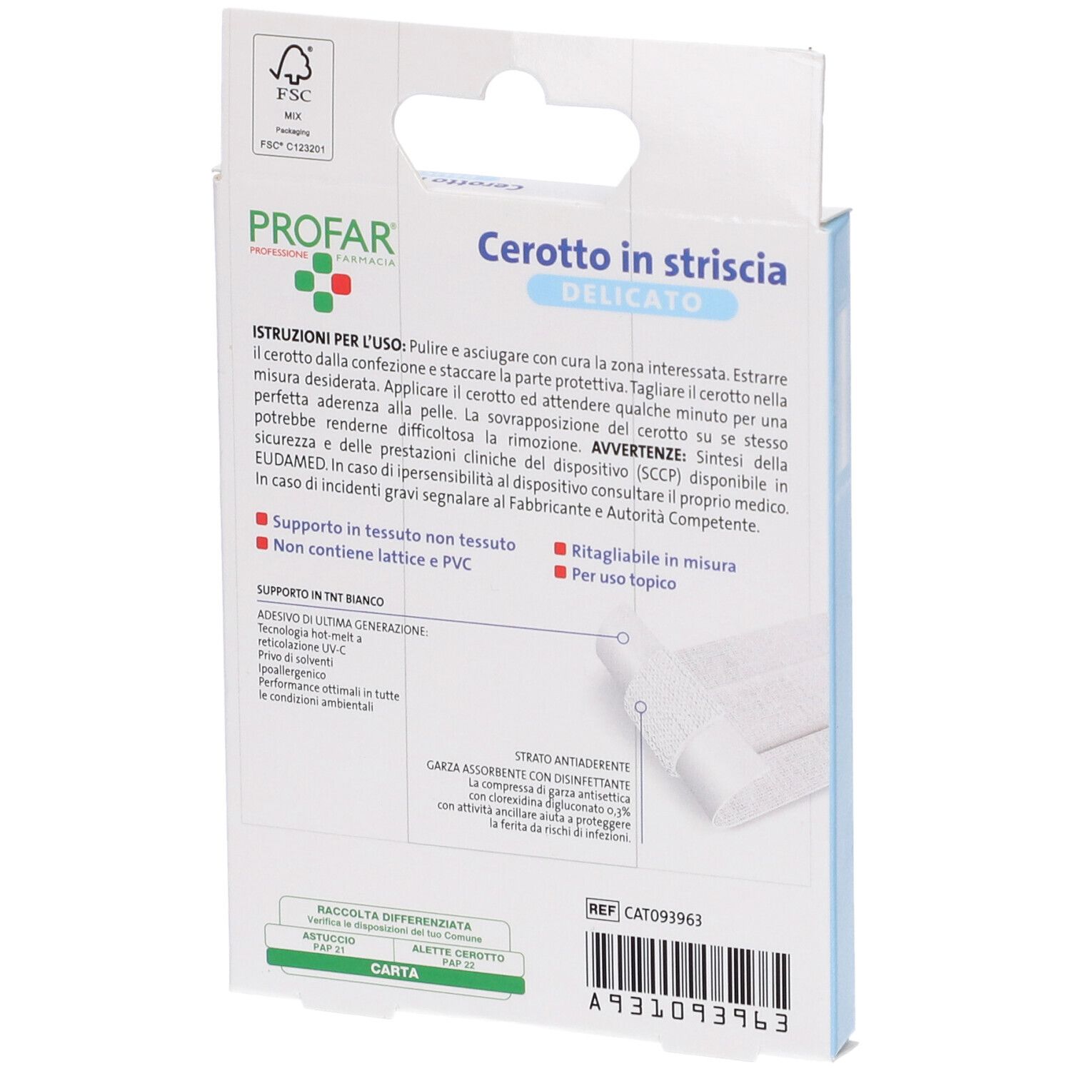 Retro della confezione di cerotti. Testo: Cerotto in striscia. Informazioni sull'uso e ingredienti.