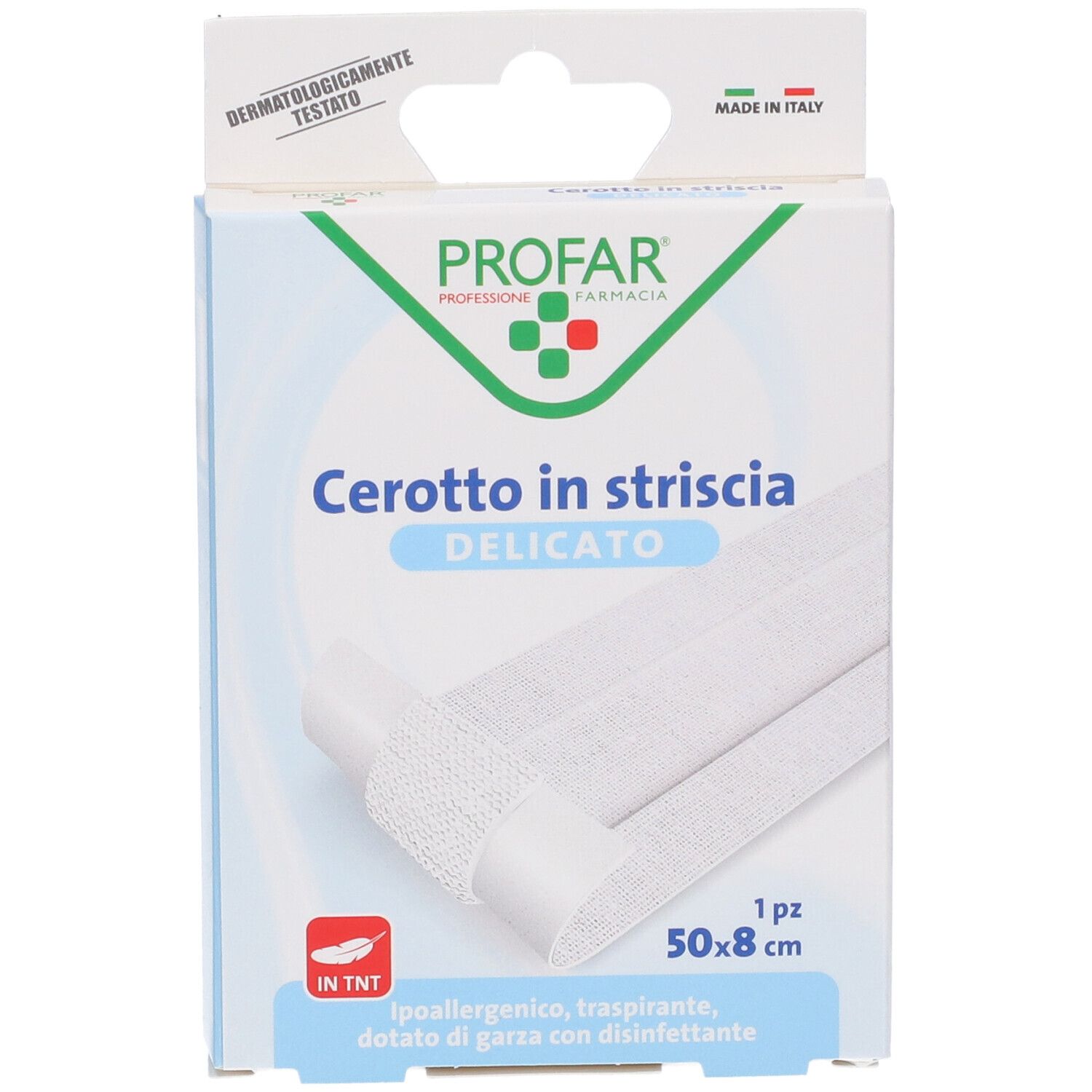 Confezione di cerotti. Scritta: Cerotto in striscia, 50x8 cm. Dermatologicamente testato.