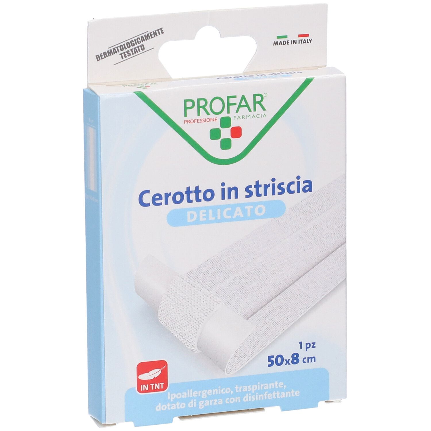 Confezione di cerotti. Scritta: Cerotto in striscia, 50x8 cm. Dermatologicamente testato.