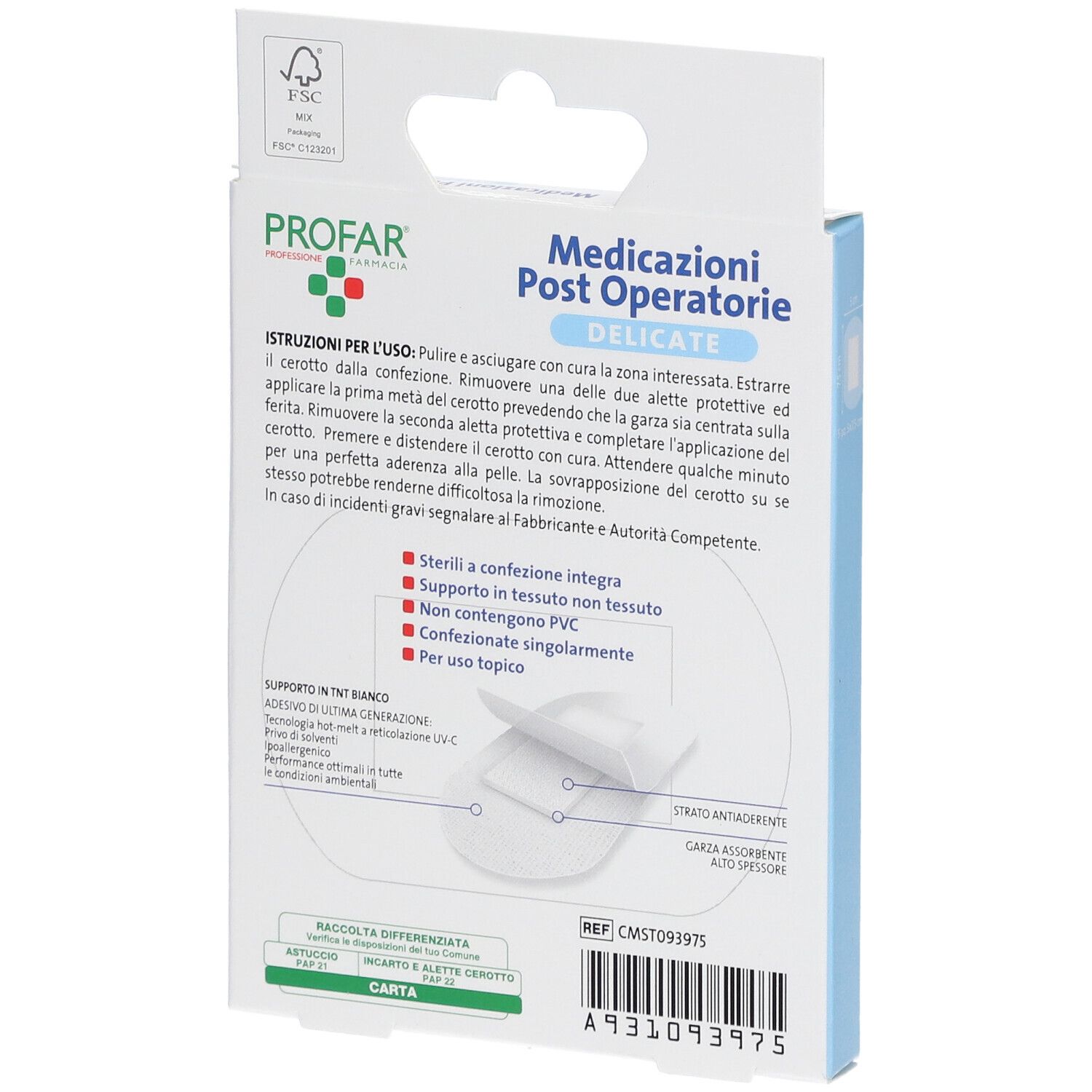 Retro della confezione PROFAR medicazioni post operatorie. Contiene informazioni e istruzioni. Certificato FSC.