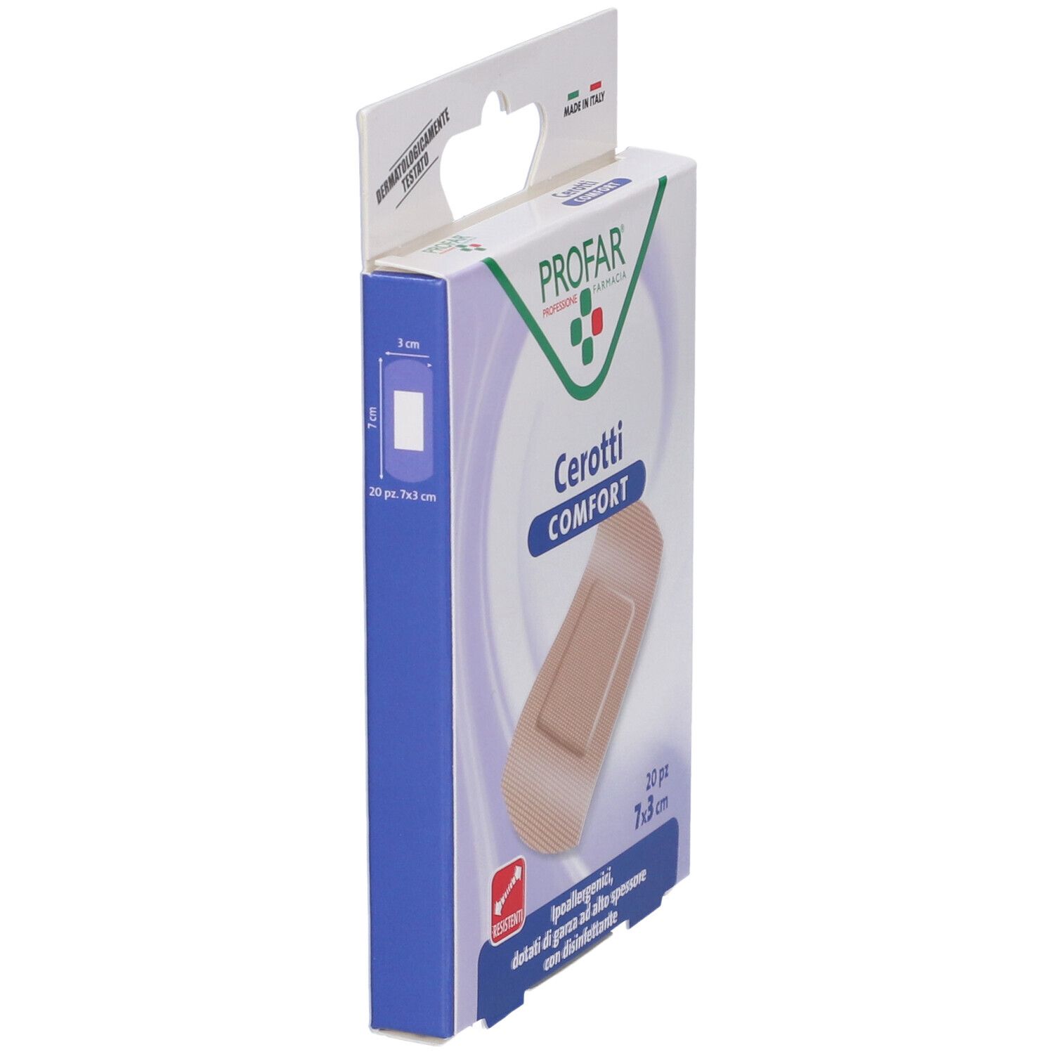 Vista laterale della confezione di cerotti PROFAR Cerotti Comfort. 20 pezzi, 7x3 cm. Made in Italy.
