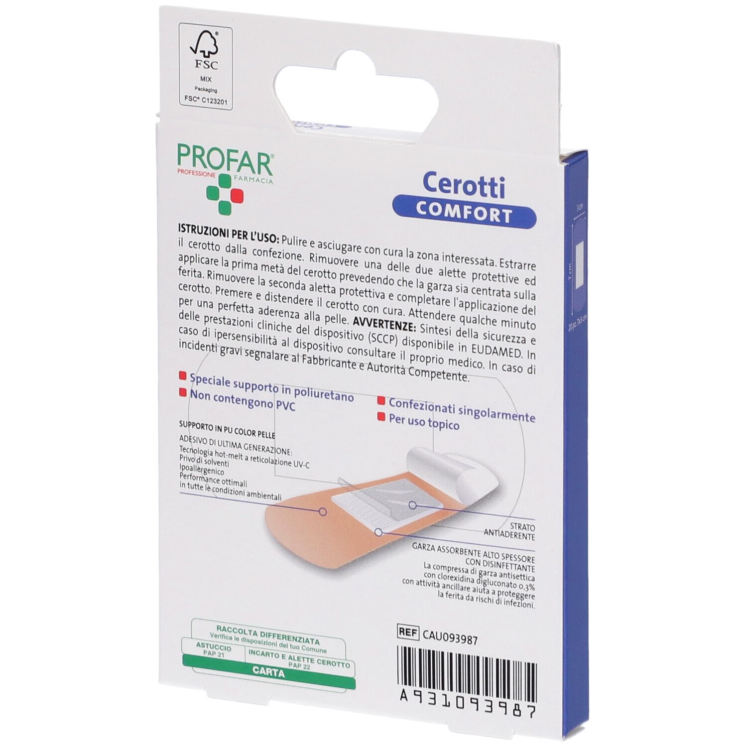 Retro della confezione di cerotti PROFAR Cerotti Comfort. Istruzioni e informazioni. Made in Italy.