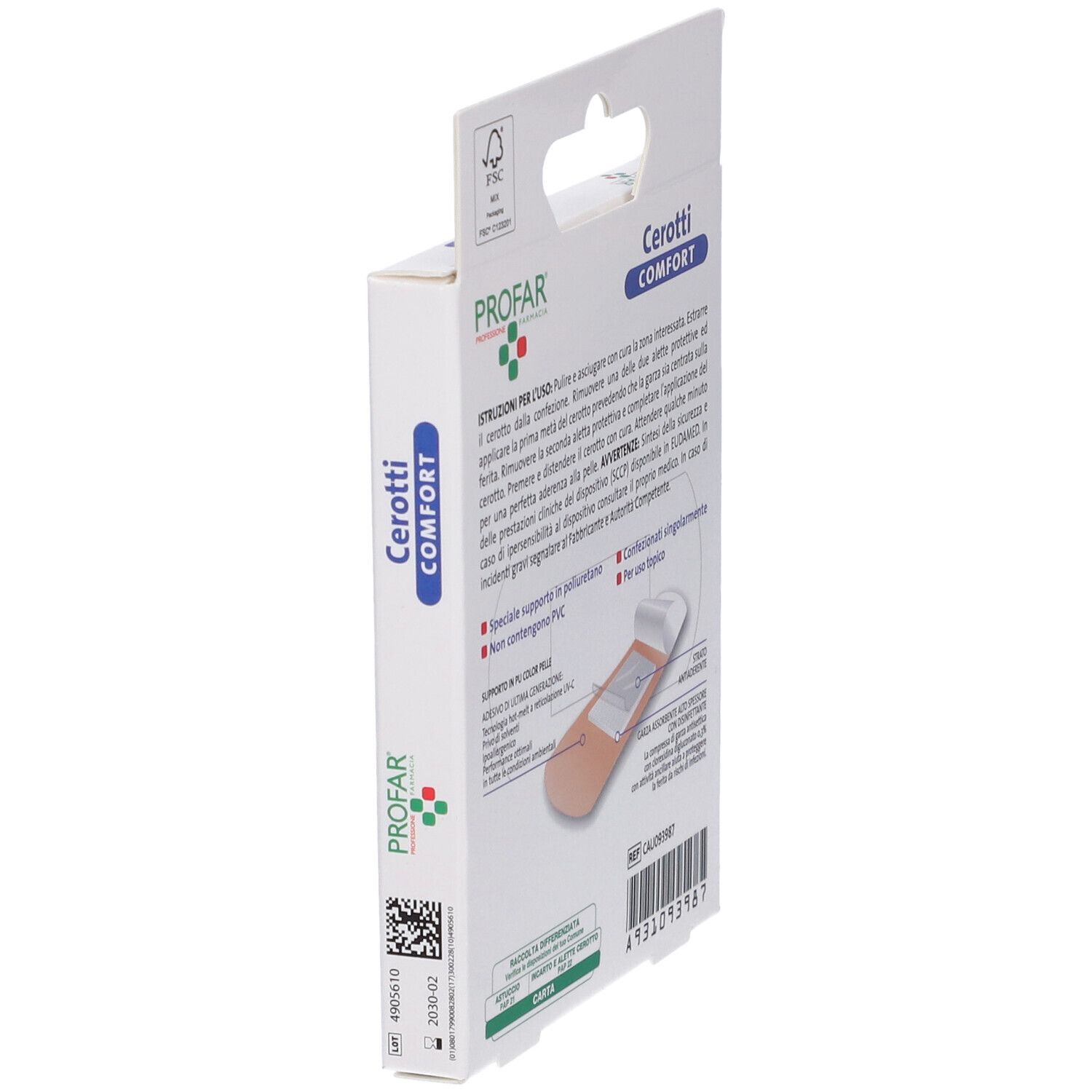 Vista laterale della confezione di cerotti PROFAR Cerotti Comfort. Istruzioni e informazioni.