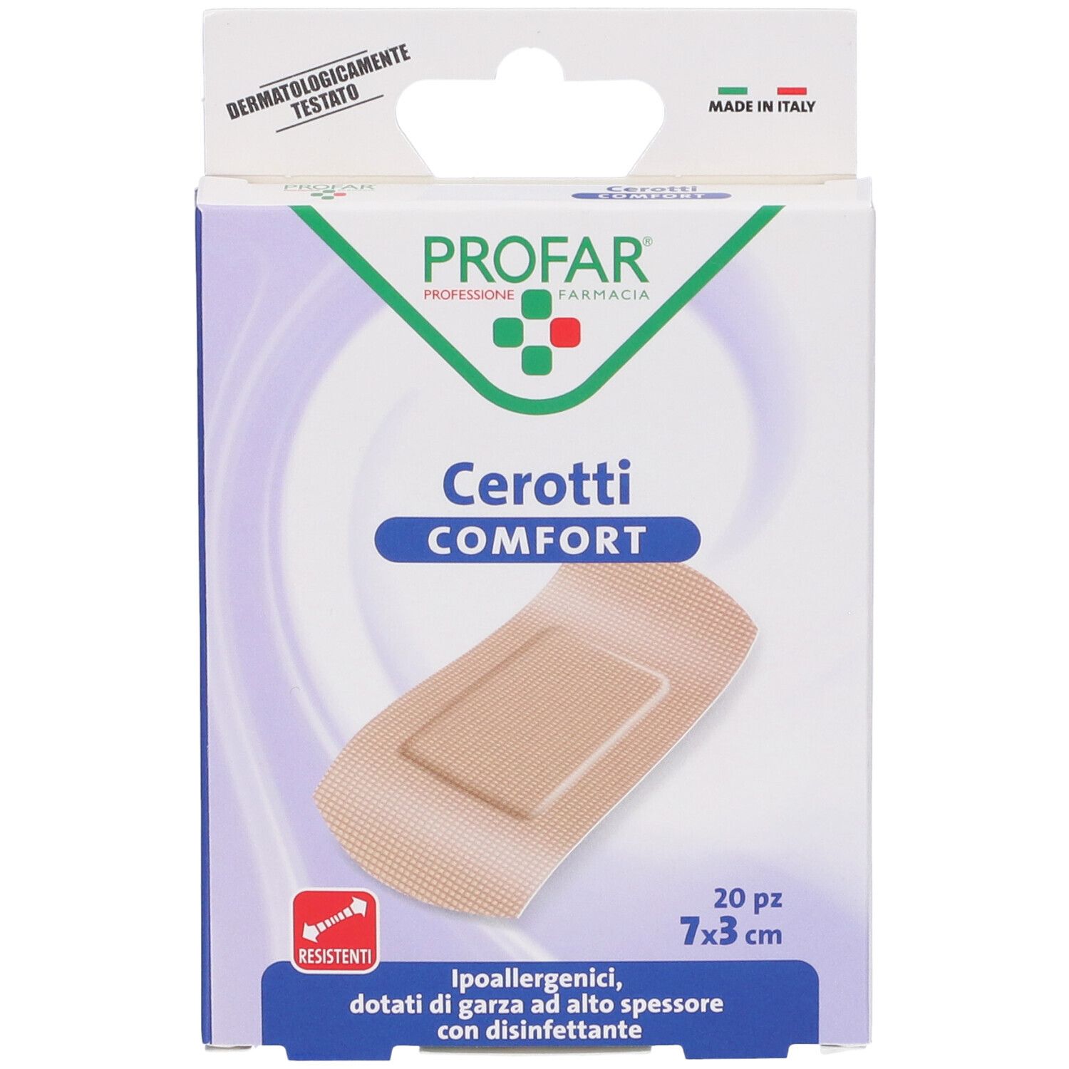 Confezione di cerotti PROFAR Cerotti Comfort. 20 pezzi, 7x3 cm. Ipoallergenici. Made in Italy.