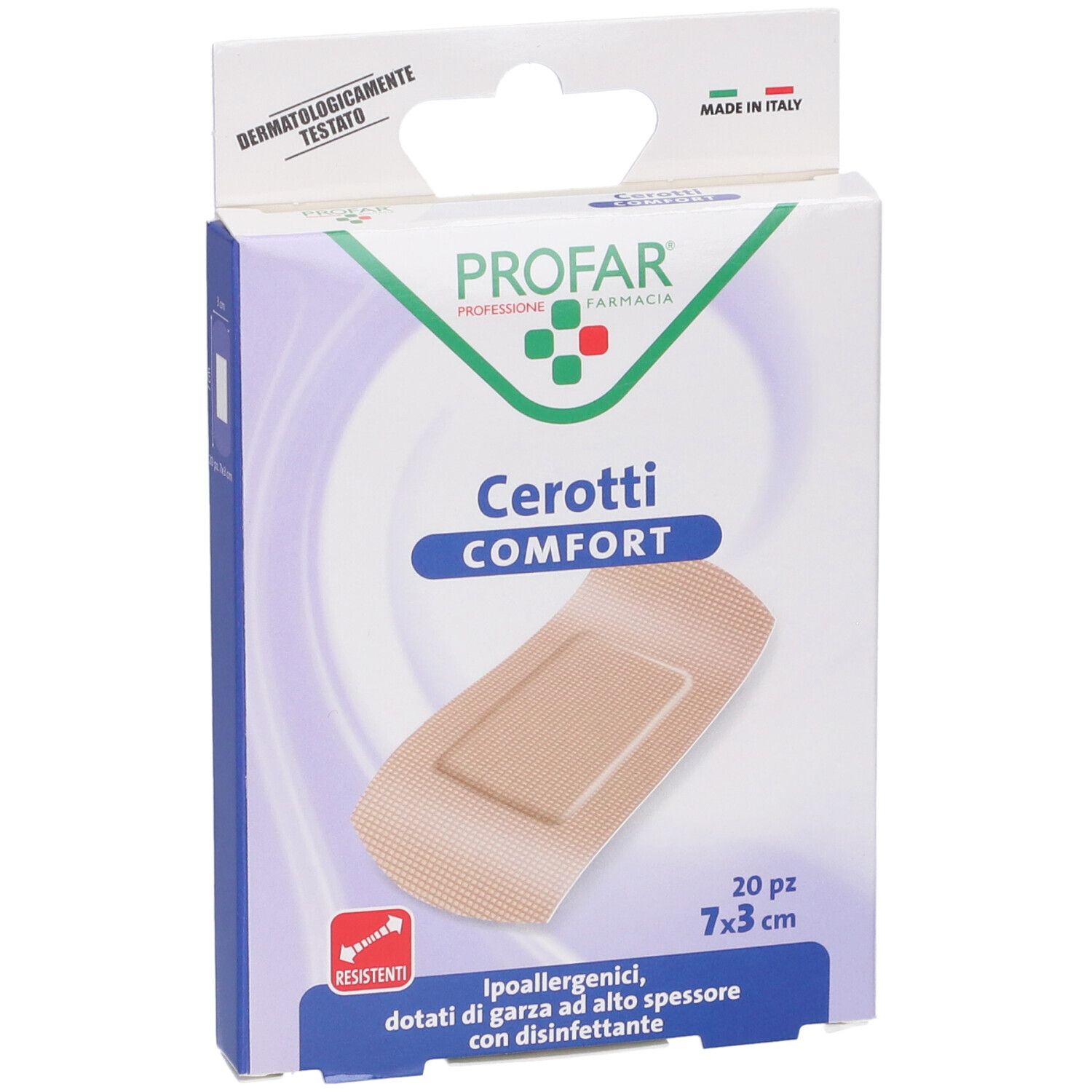 Confezione di cerotti PROFAR Cerotti Comfort. 20 pezzi, 7x3 cm. Ipoallergenici. Made in Italy.