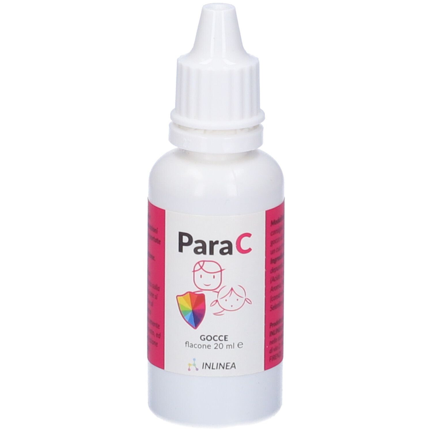 Flacone contagocce bianco con etichetta rosa. Scritta Para C, logo con bambino e arcobaleno. Flacone contagocce da 20 ml.