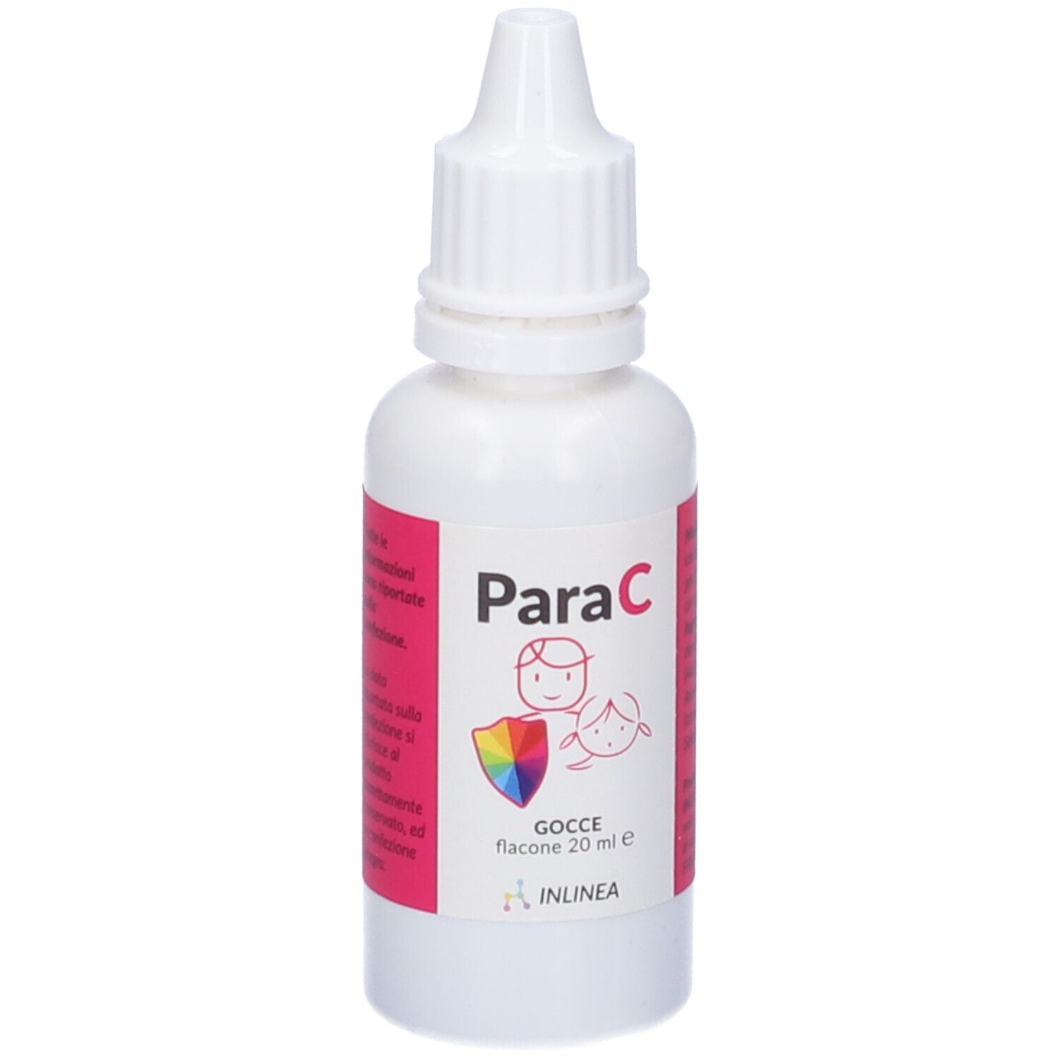Flacone contagocce bianco con etichetta rosa. Scritta Para C, logo con bambino e arcobaleno. Flacone contagocce da 20 ml.