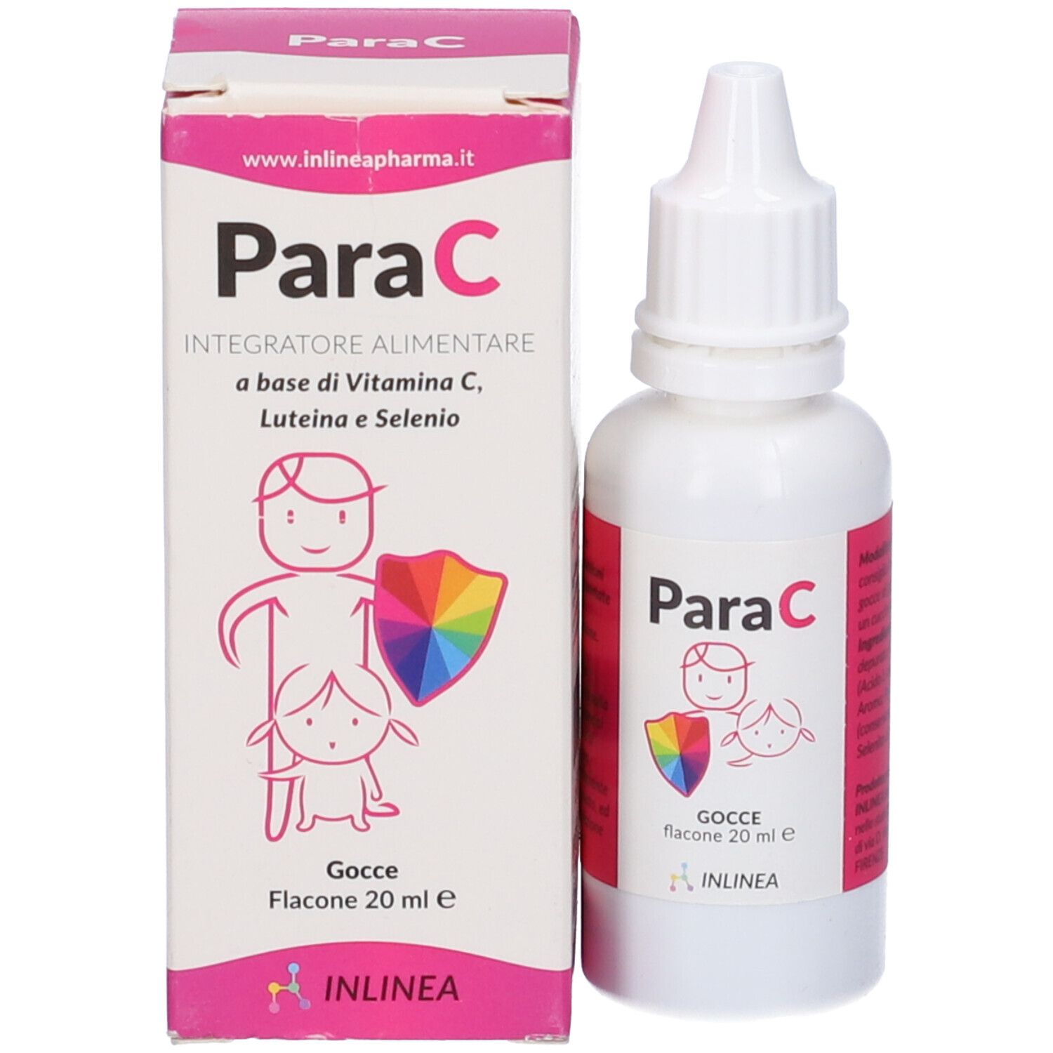 Flacone contagocce e confezione di Para C Gocce. Flacone bianco, etichetta rosa con nome del prodotto. Confezione con nome del prodotto.