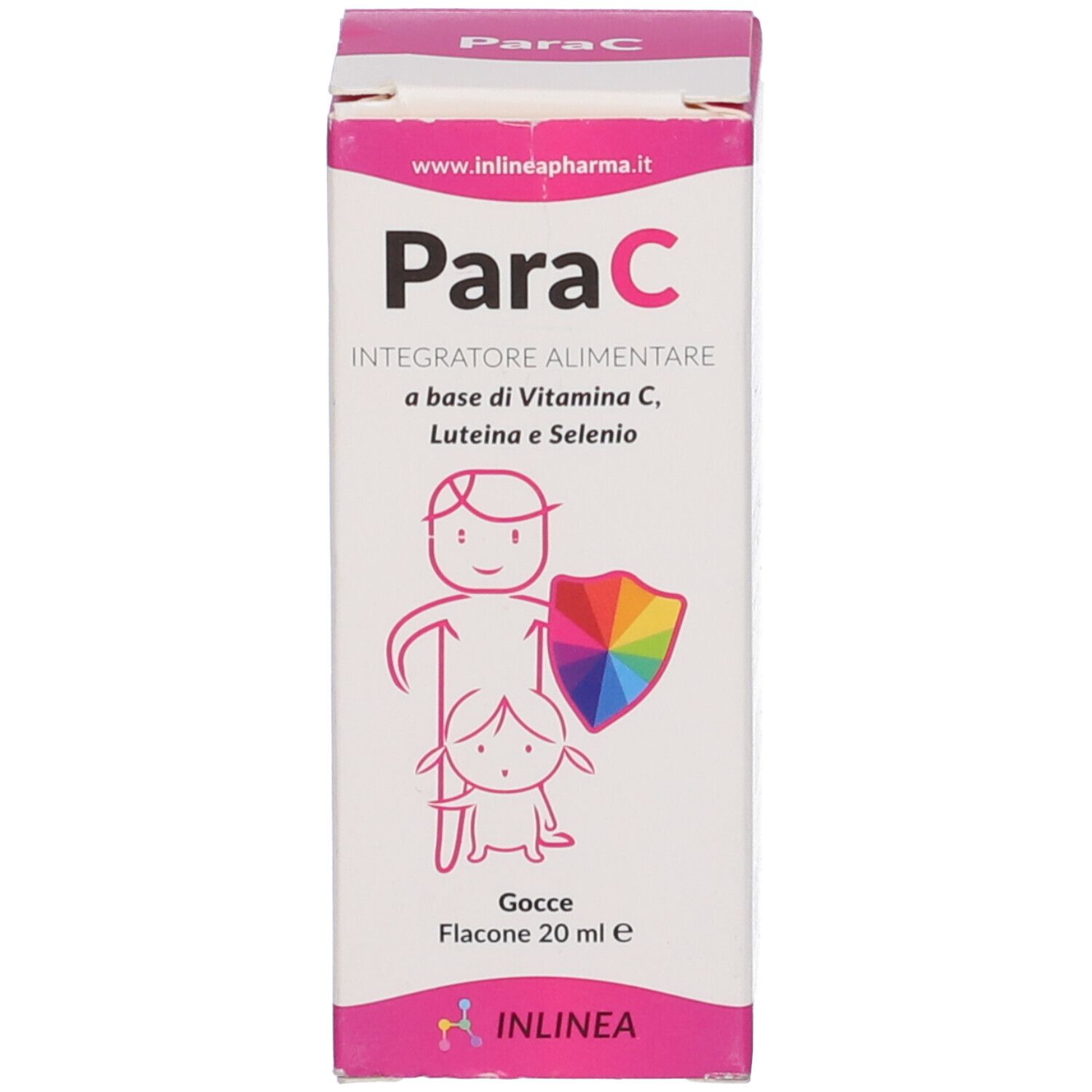 Confezione di Para C Gocce. Rosa e bianco. Scritta Para C, logo con bambino e arcobaleno. Contiene vitamina C.