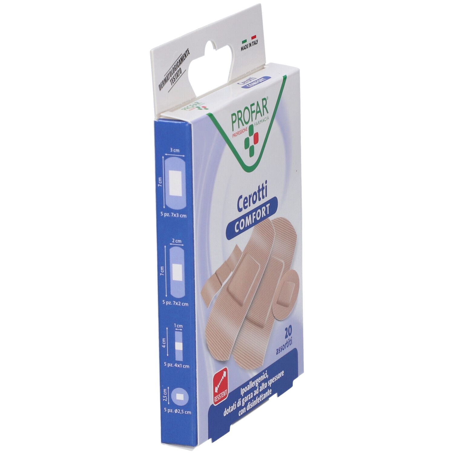 Vista laterale della confezione Profar Cerotti Comfort. Mostra cerotti e dimensioni. 10 pezzi.