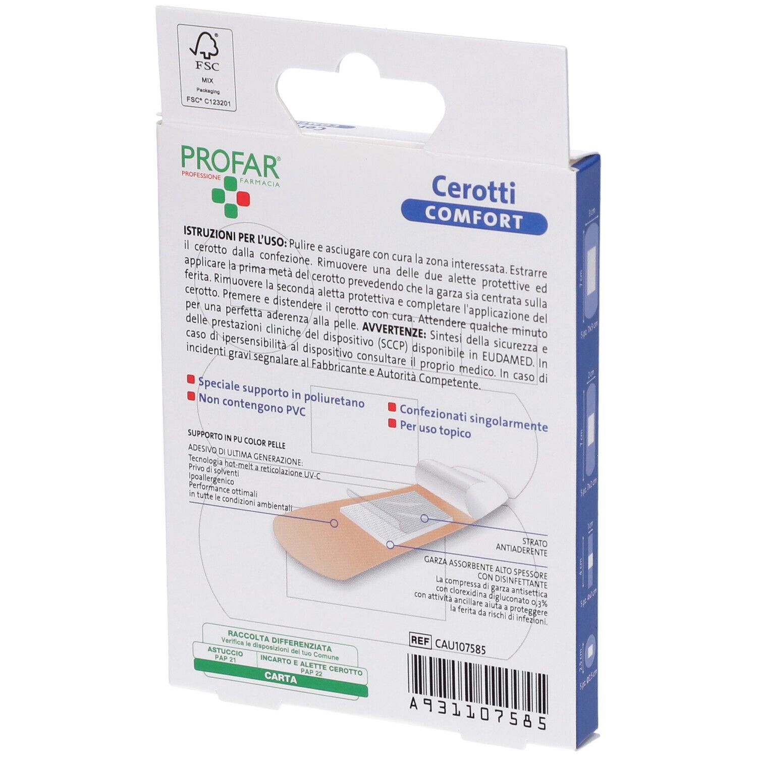 Retro della confezione Profar Cerotti Comfort. Contiene informazioni e istruzioni sul prodotto.