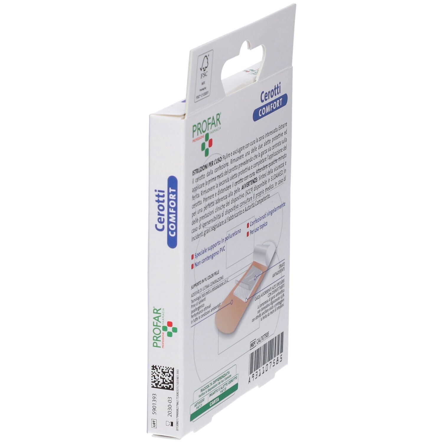 Vista laterale della confezione Profar Cerotti Comfort. Mostra informazioni sul prodotto e codice QR.