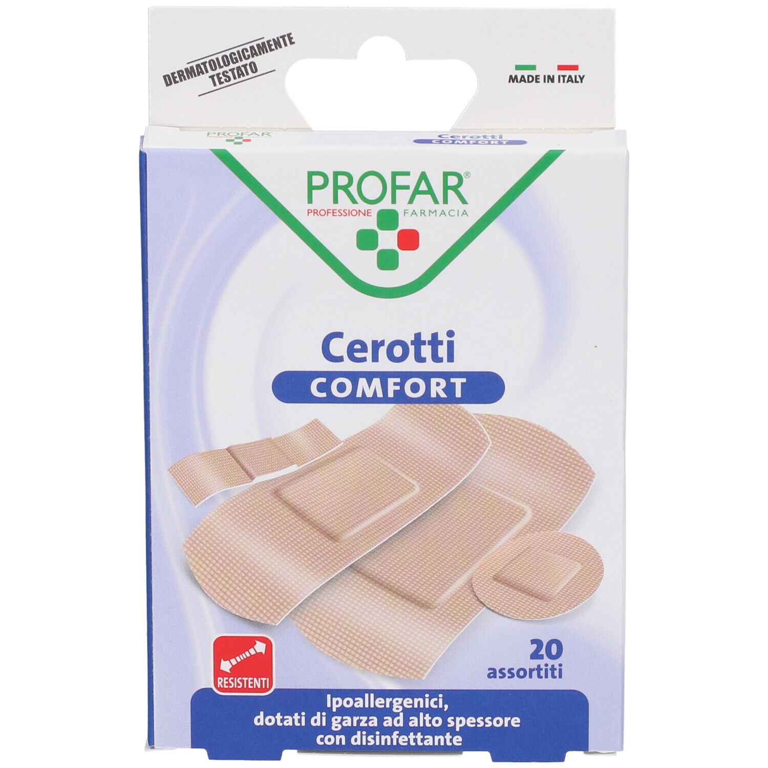 Confezione di Profar Cerotti Comfort assortiti. Cerotti di varie forme. 20 pezzi. Testato dermatologicamente.
