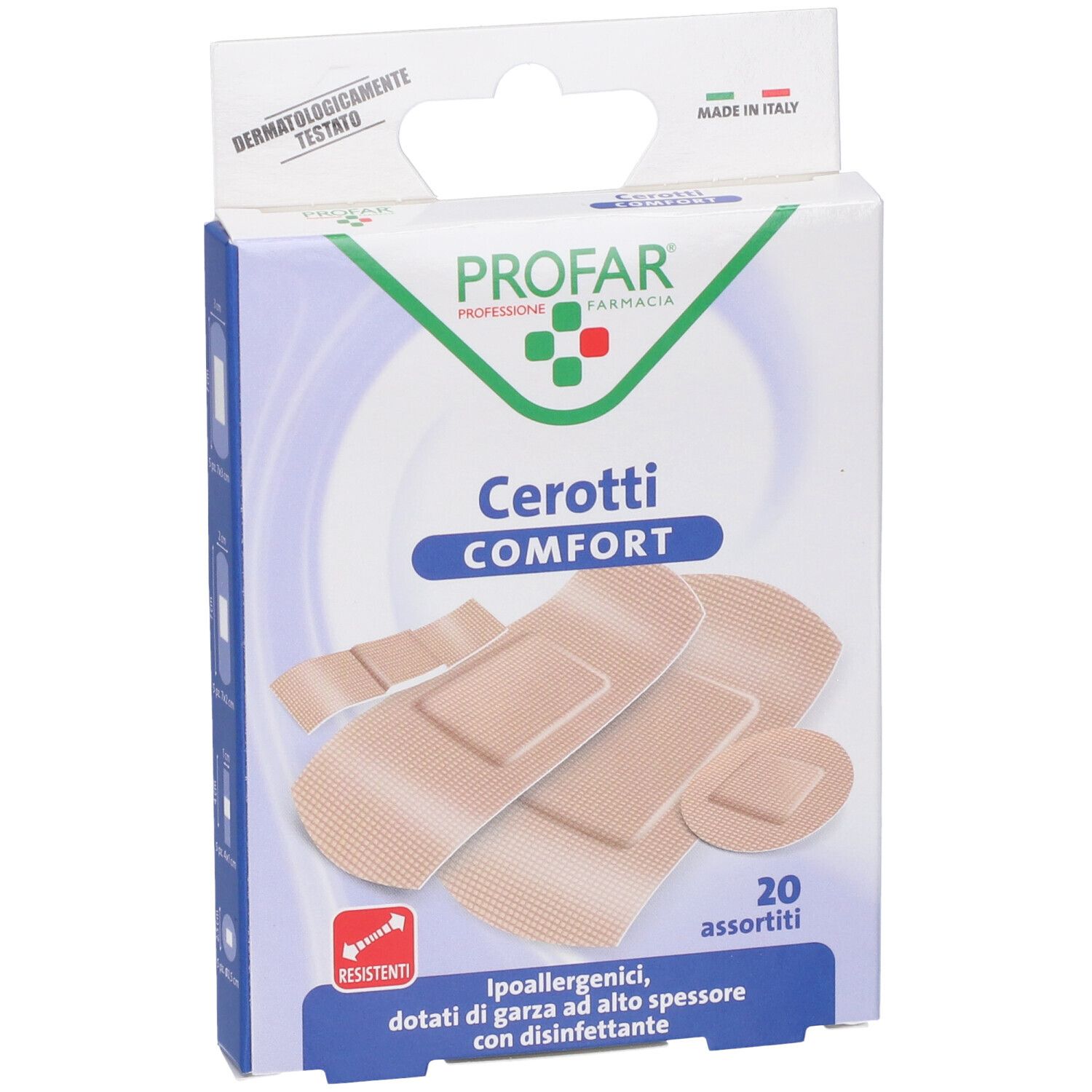 Confezione di Profar Cerotti Comfort assortiti. Cerotti di varie forme. 20 pezzi. Testato dermatologicamente.