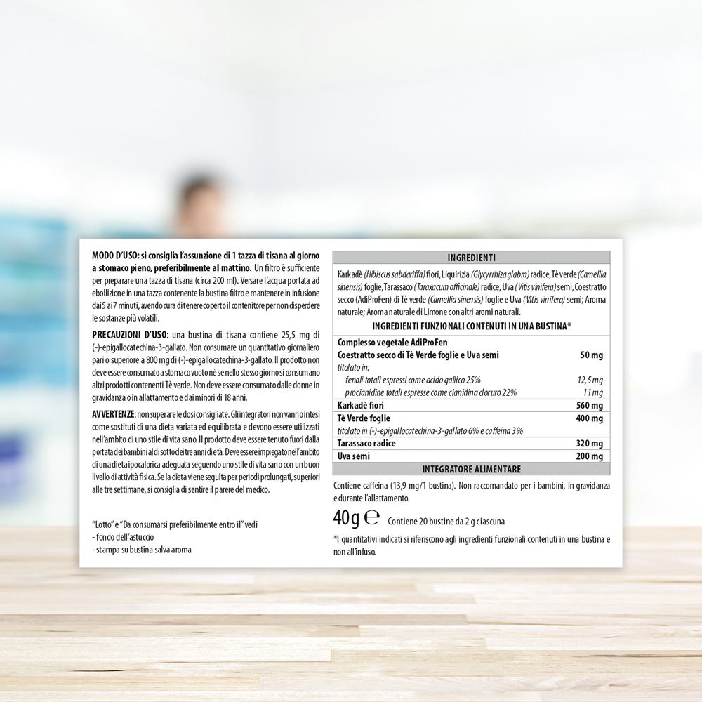 Retro della confezione Adiprox. Contiene informazioni sugli ingredienti e l'uso. 40g. Logo Aboca.