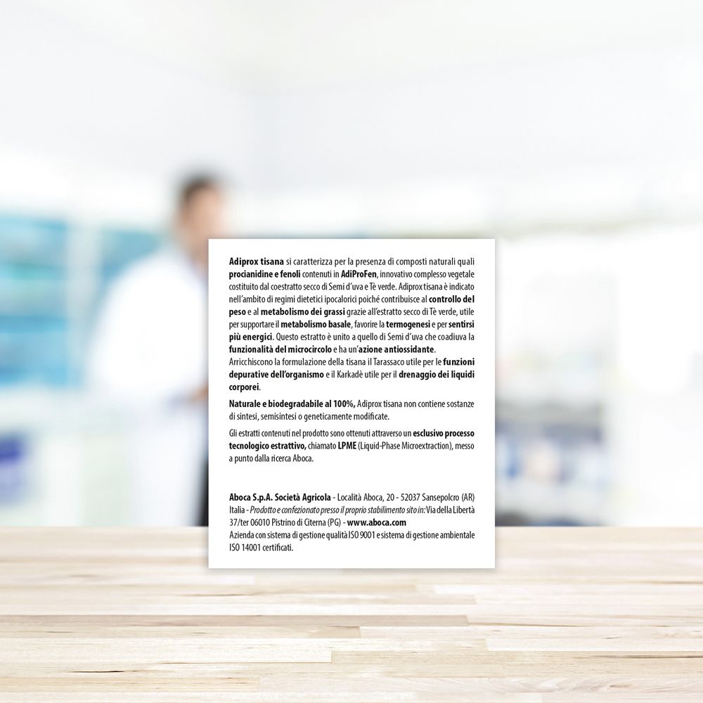 Retro della confezione Adiprox. Contiene informazioni sugli ingredienti e l'uso. Logo Aboca.