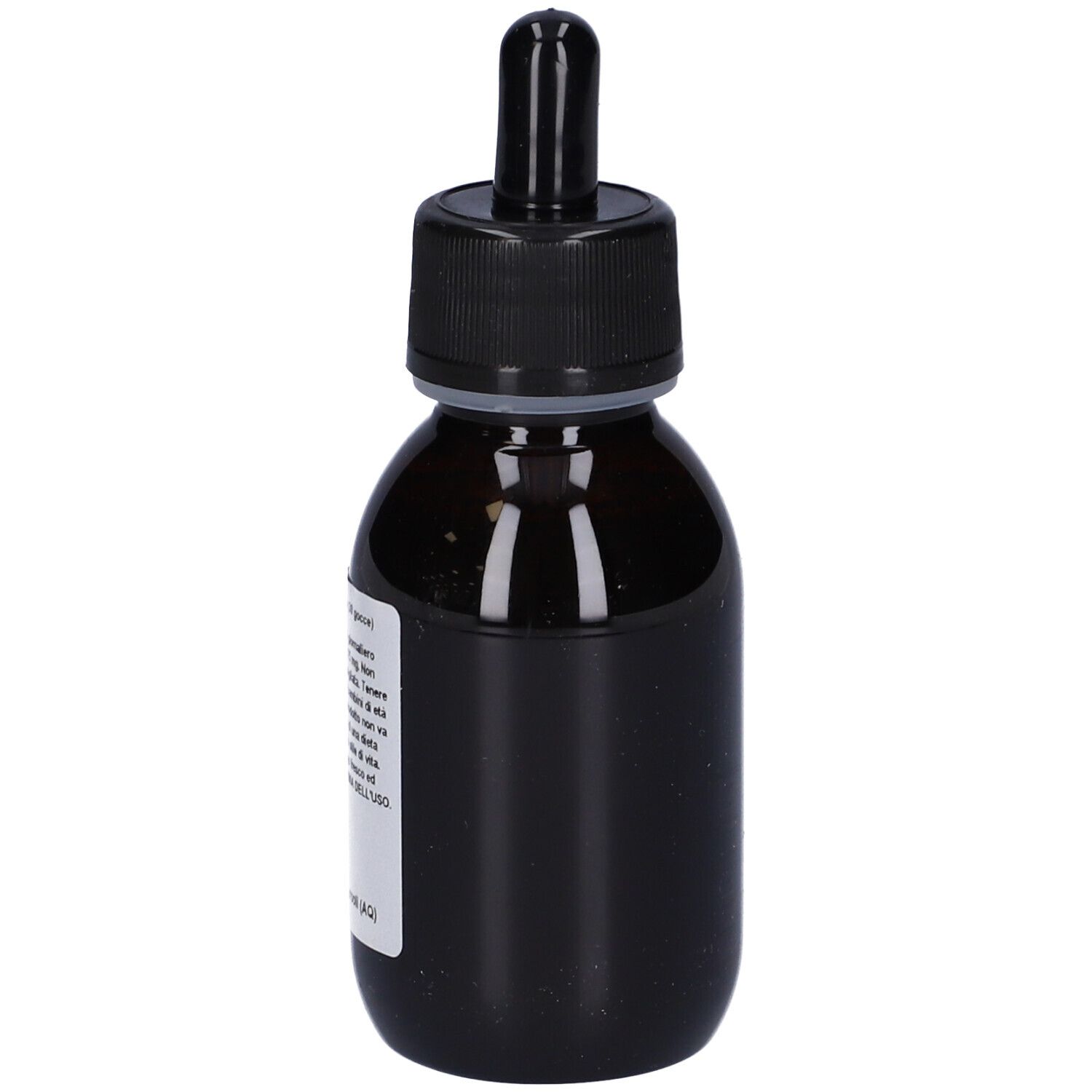 Flacone di vetro marrone con tappo nero e contagocce. Etichetta con testo. Primo piano.