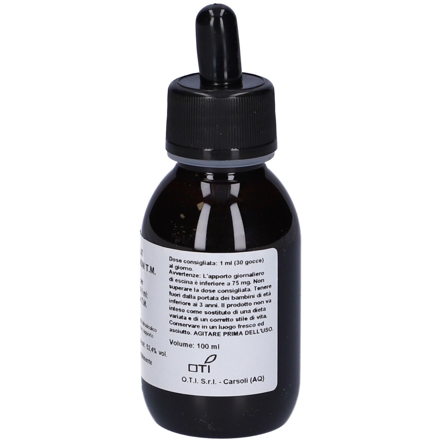 Flacone di vetro marrone con tappo nero e contagocce. Etichetta con testo. Primo piano.