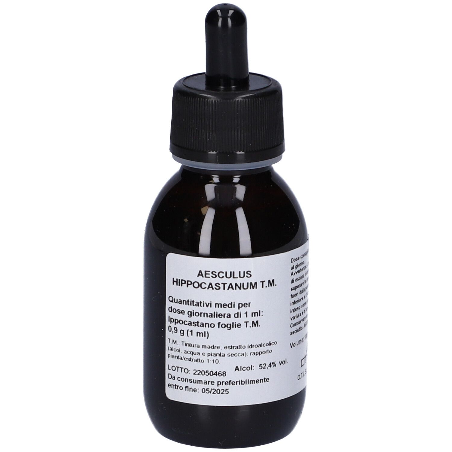 Flacone di vetro marrone con tappo nero e contagocce. Etichetta con testo. Primo piano.