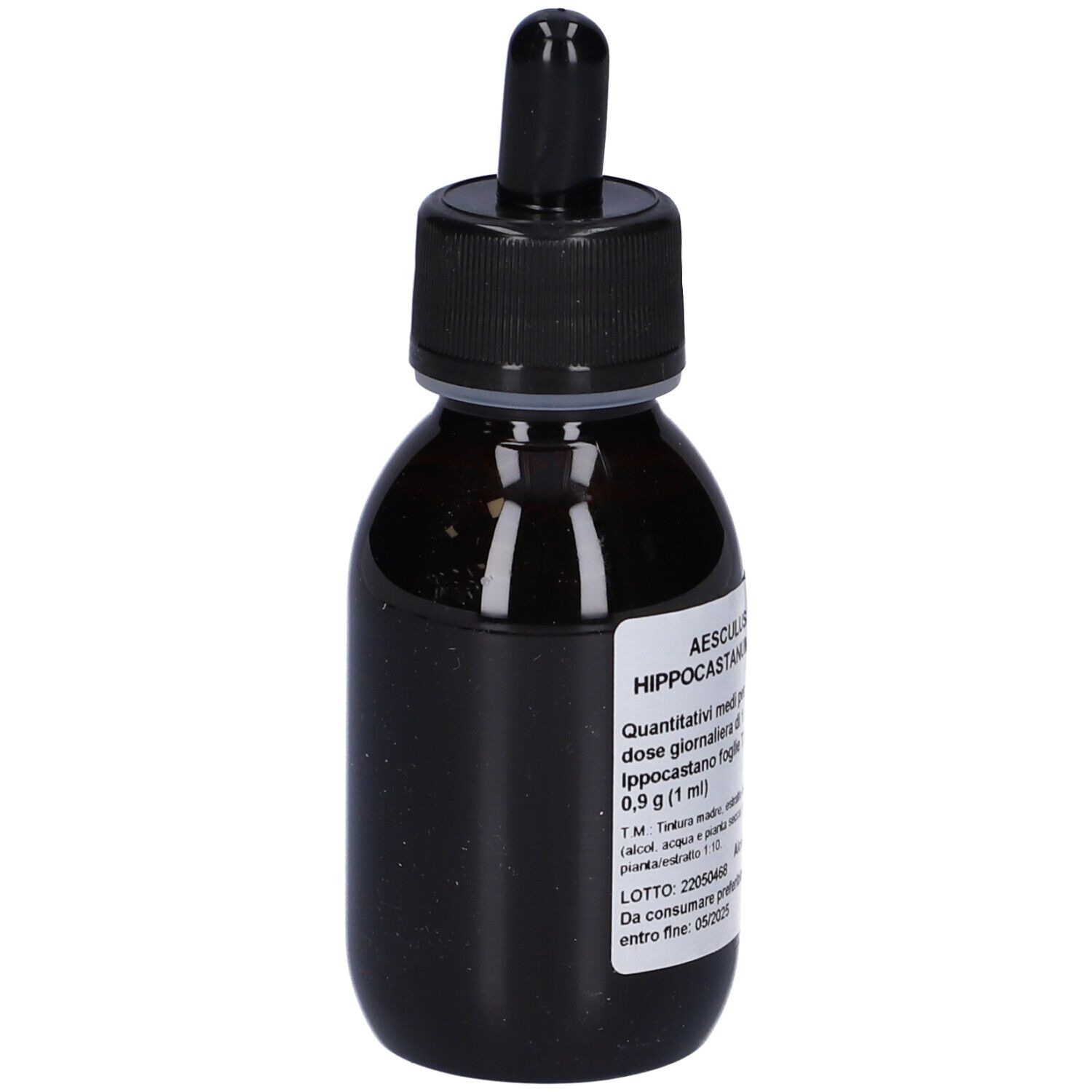 Flacone di vetro marrone con tappo nero e contagocce. Etichetta con testo. Primo piano.