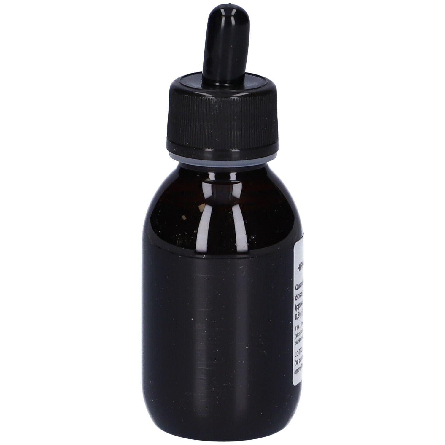 Flacone di vetro marrone con tappo nero e contagocce. Etichetta con testo. Primo piano.