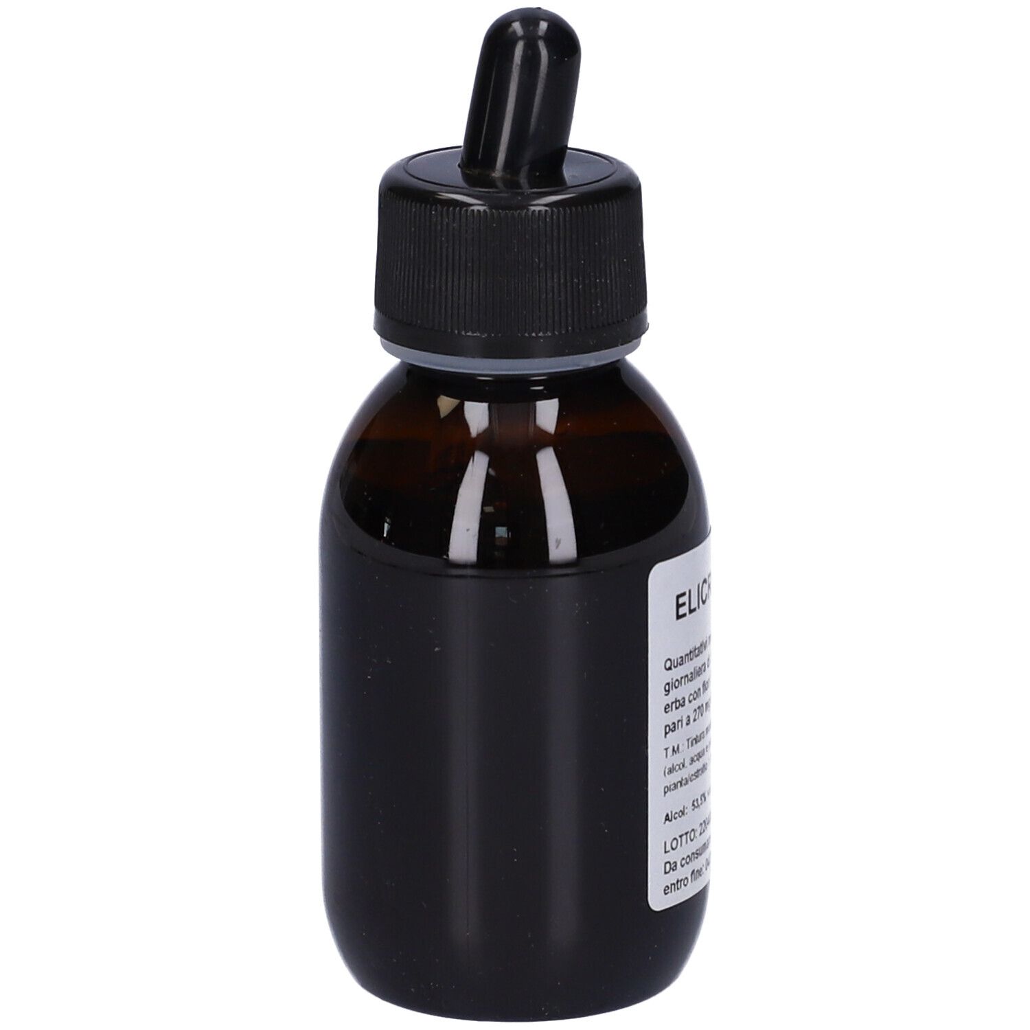 Flacone di vetro marrone con tappo nero e contagocce. Etichetta con informazioni sul prodotto. Visibile: Elicriso T.M.