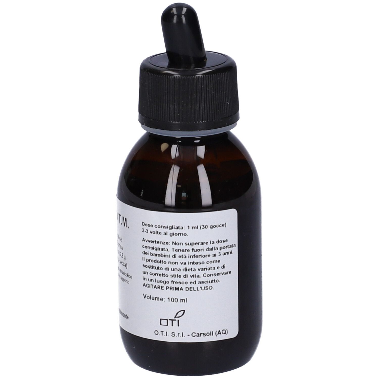 Flacone di vetro marrone con tappo nero e contagocce. Etichetta con informazioni. Visibile: Elicriso T.M. Volume: 100 ml.