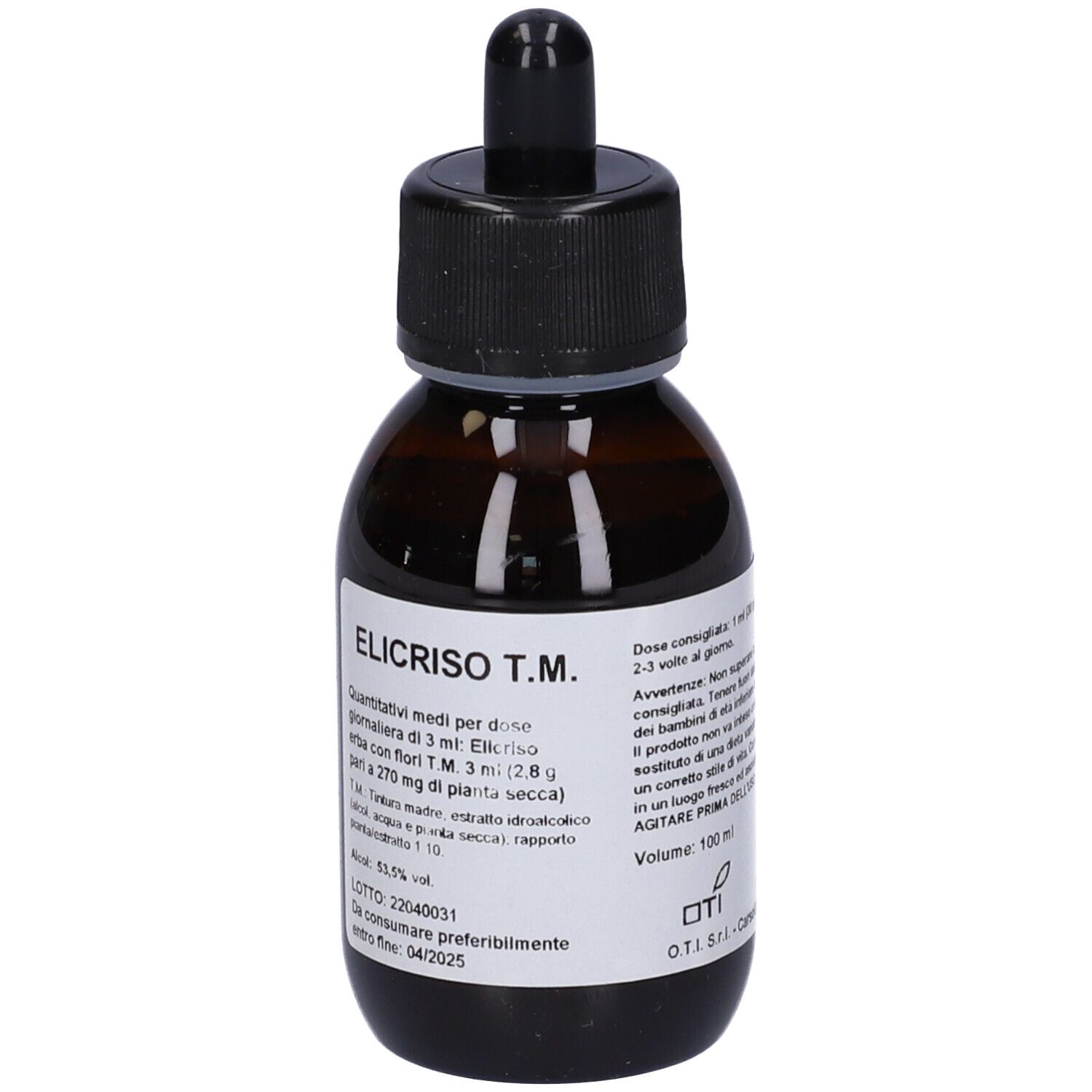 Flacone di vetro marrone con tappo nero e contagocce. Etichetta con informazioni sul prodotto. Visibile: Elicriso T.M.
