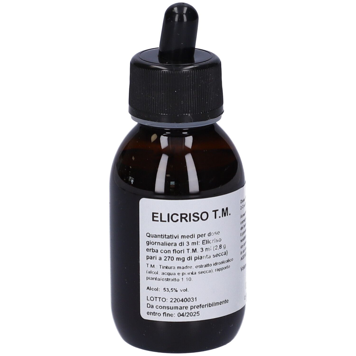 Flacone di vetro marrone con tappo nero e contagocce. Etichetta con informazioni sul prodotto. Visibile: Elicriso T.M.