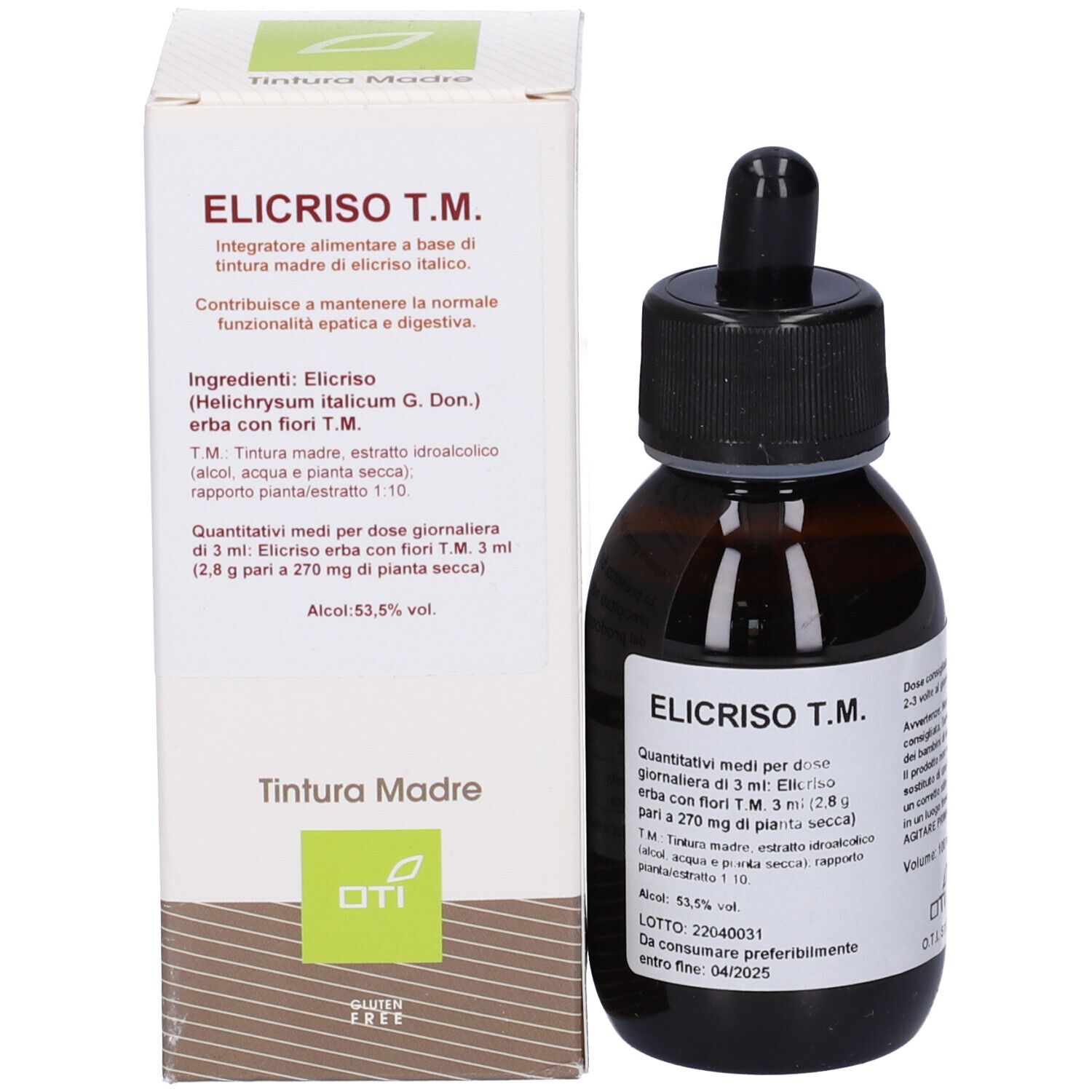 Flacone e confezione. Flacone di vetro marrone con tappo nero e contagocce. Visibile: Elicriso T.M. e confezione.