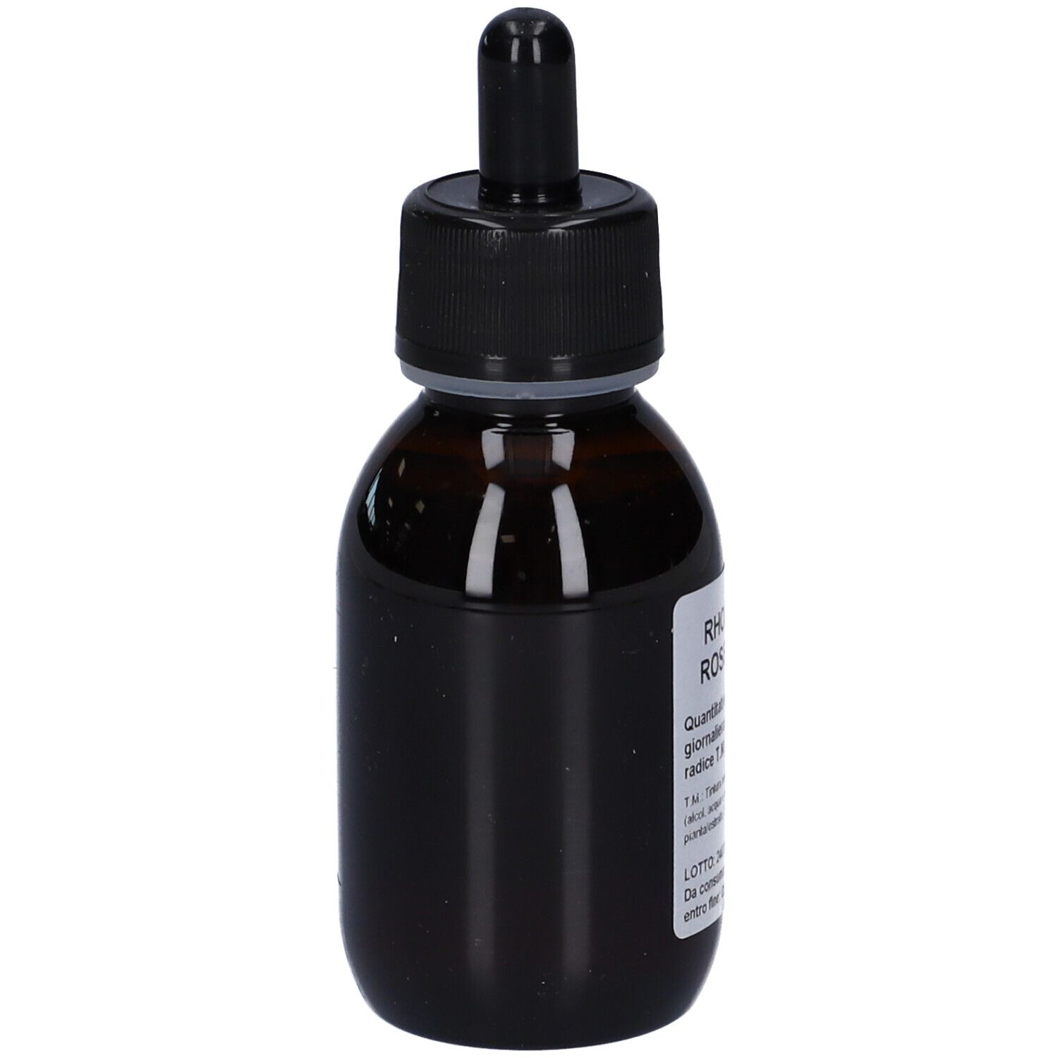 Flacone di vetro marrone con tappo nero e contagocce. Vista laterale. Etichetta con informazioni sul prodotto.