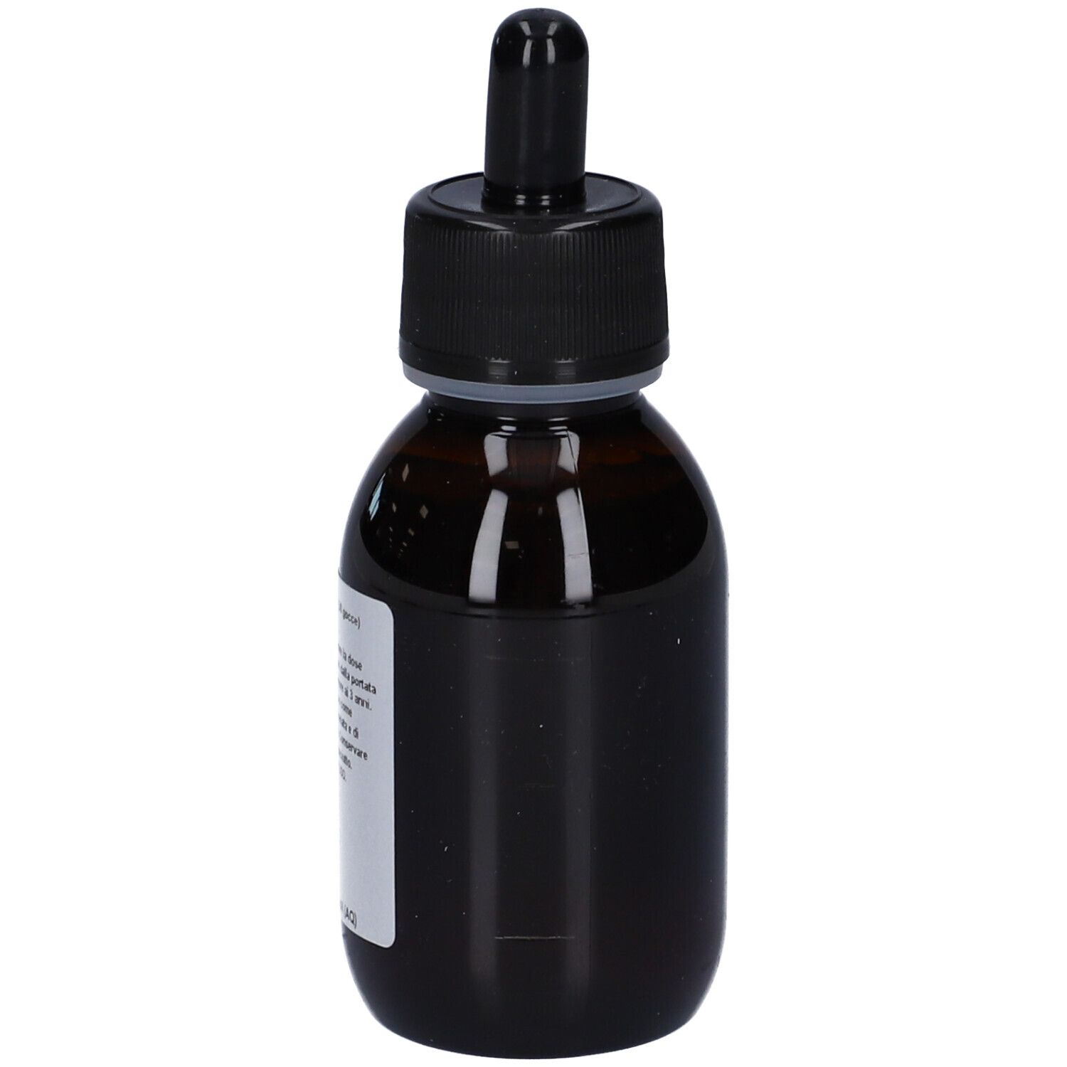 Flacone di vetro marrone con tappo nero e contagocce. Vista laterale. Etichetta con informazioni sul prodotto.