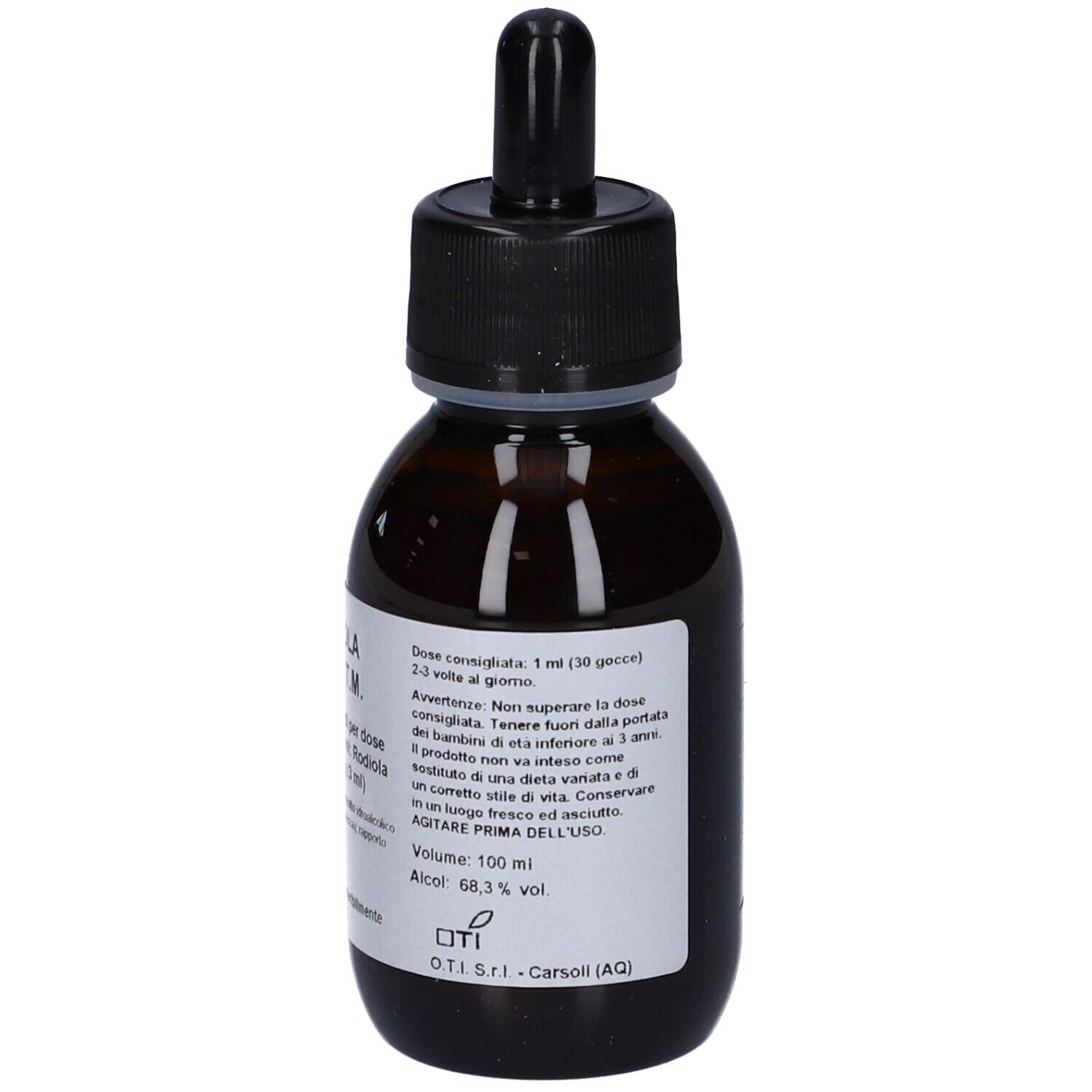 Flacone di vetro marrone con tappo nero e contagocce. Etichetta con informazioni sul prodotto, tra cui volume e gradazione alcolica.