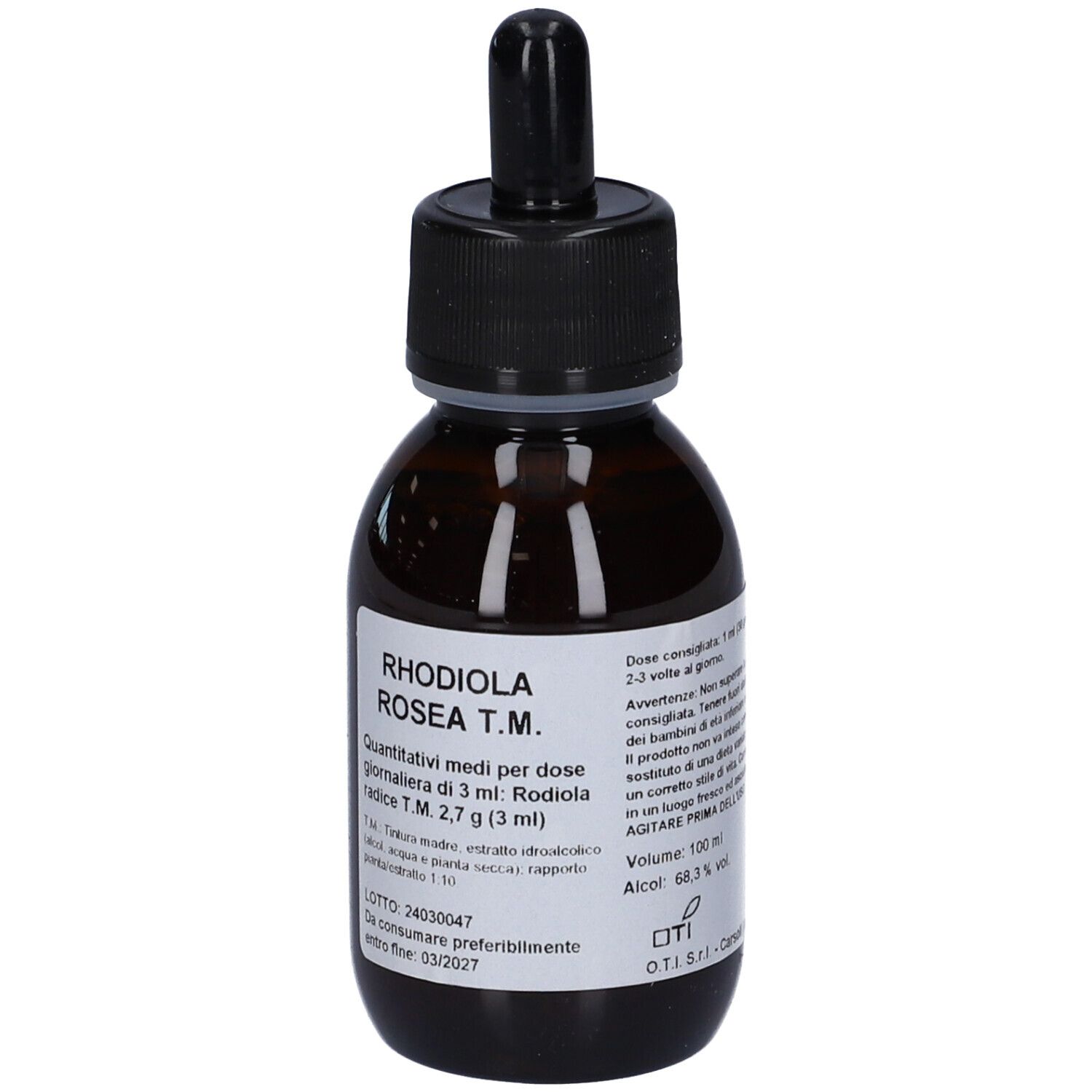 Flacone di vetro marrone con tappo nero e contagocce. Etichetta con informazioni sul prodotto, incluso il dosaggio.