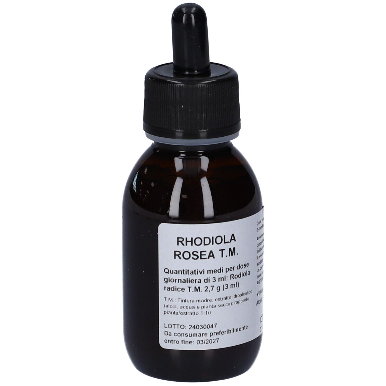 Flacone di vetro marrone con tappo nero e contagocce. Etichetta con informazioni sul prodotto, incluso il dosaggio.
