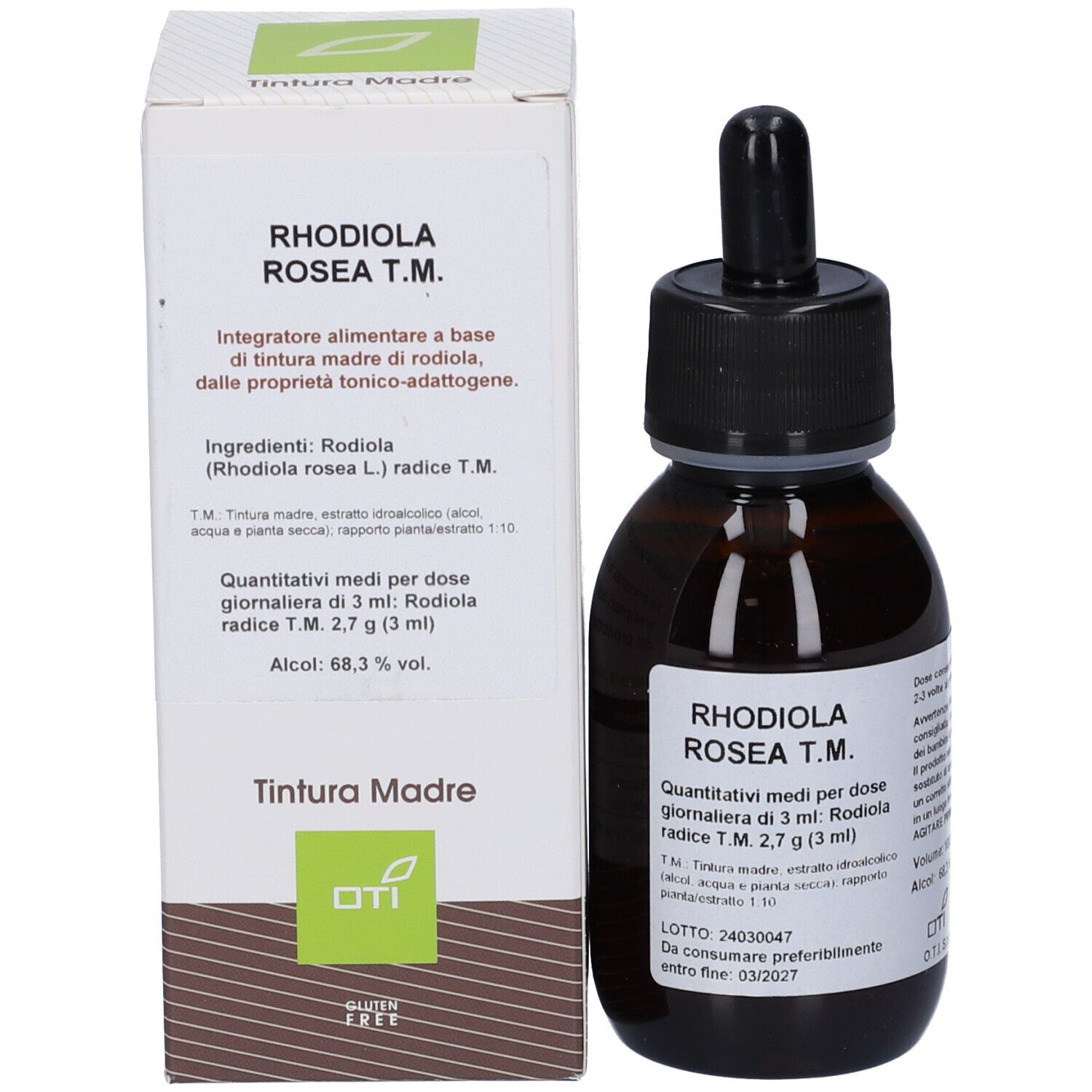 Flacone del prodotto accanto a confezione bianca. Confezione con nome del prodotto e logo. Flacone con contagocce.